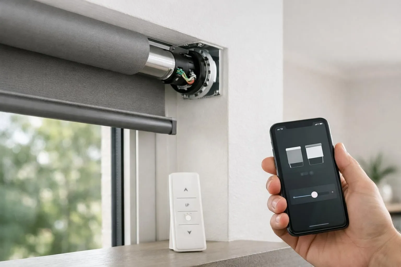 Close-up of a modern motorized interior roller blind system showing the tubular motor mechanism inside the roller tube, with a wireless remote control and smartphone displaying a home automation app in the foreground, professional installation setting with clean white walls and elegant window treatment, realistic photography with natural lighting, Switzerland home interior style