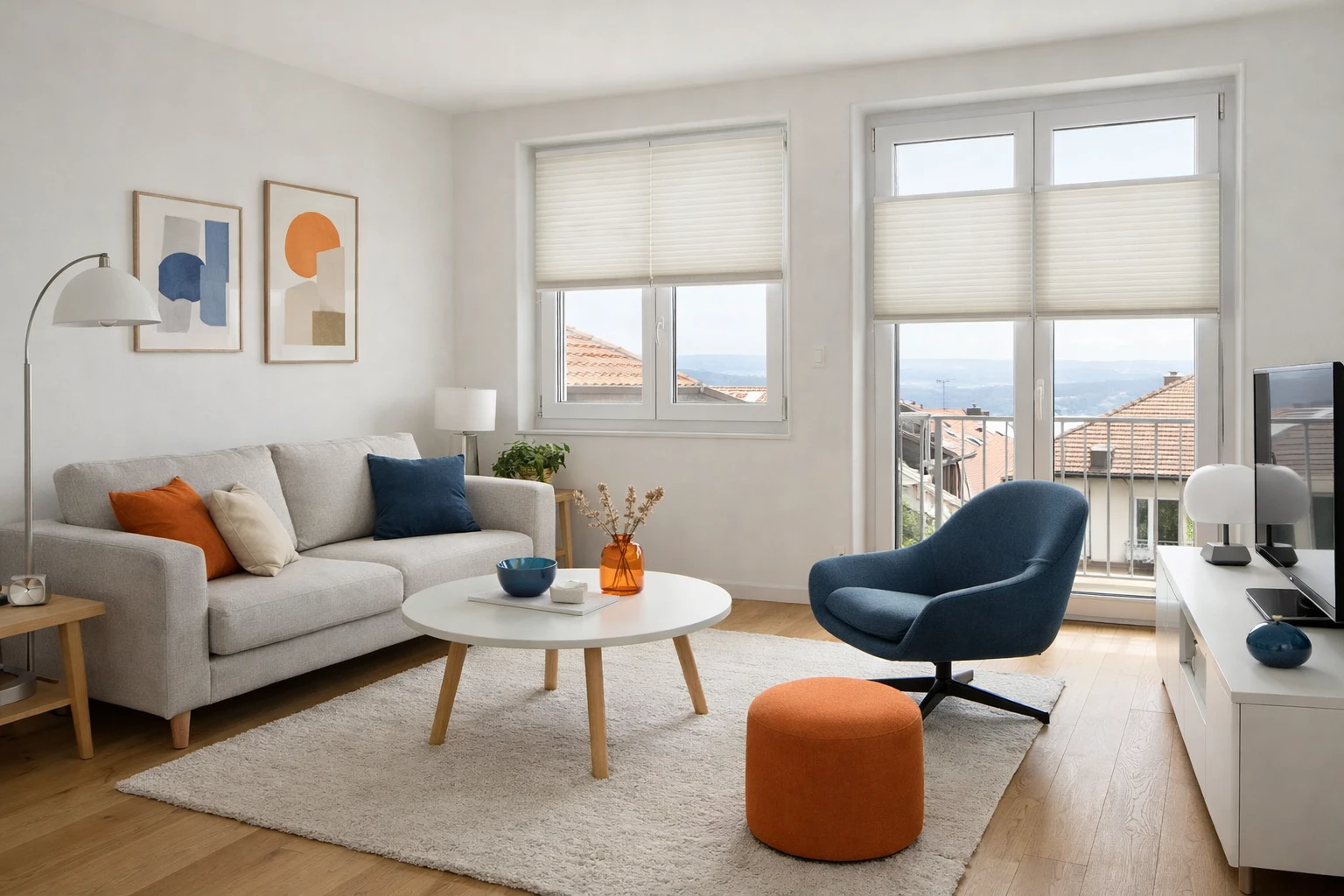Modern Swiss apartment living room with pristine windows featuring non-drilling interior window blinds, elegant fabric roller shades mounted without holes, bright natural daylight, minimalist contemporary furniture, clean white window frames, Romandy region aesthetic, no text or labels visible