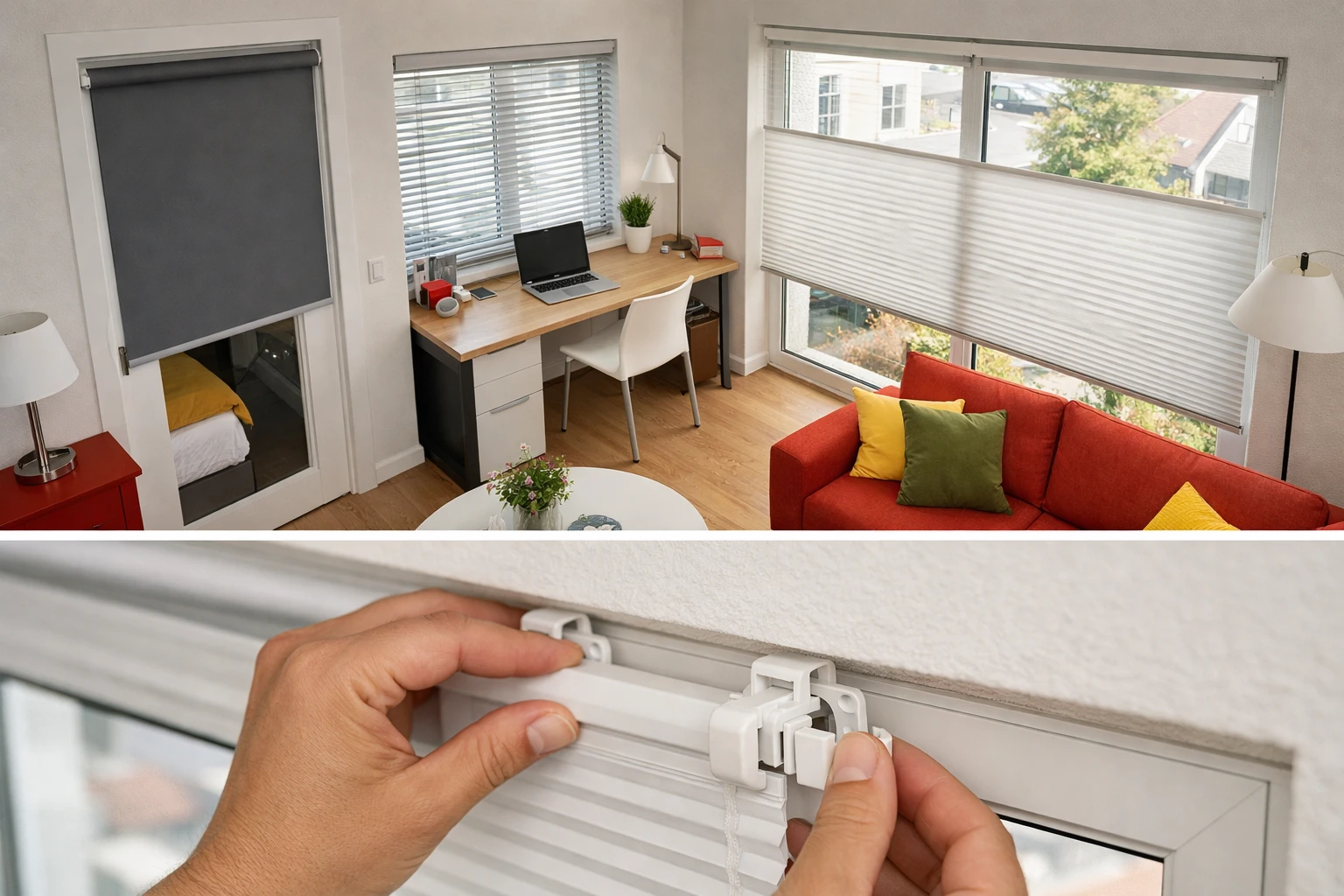Modern living room interior with three different window blind types visible: blackout roller blind on bedroom door, venetian blind on office window, and pleated blind on main window, natural daylight streaming through, contemporary Swiss home décor