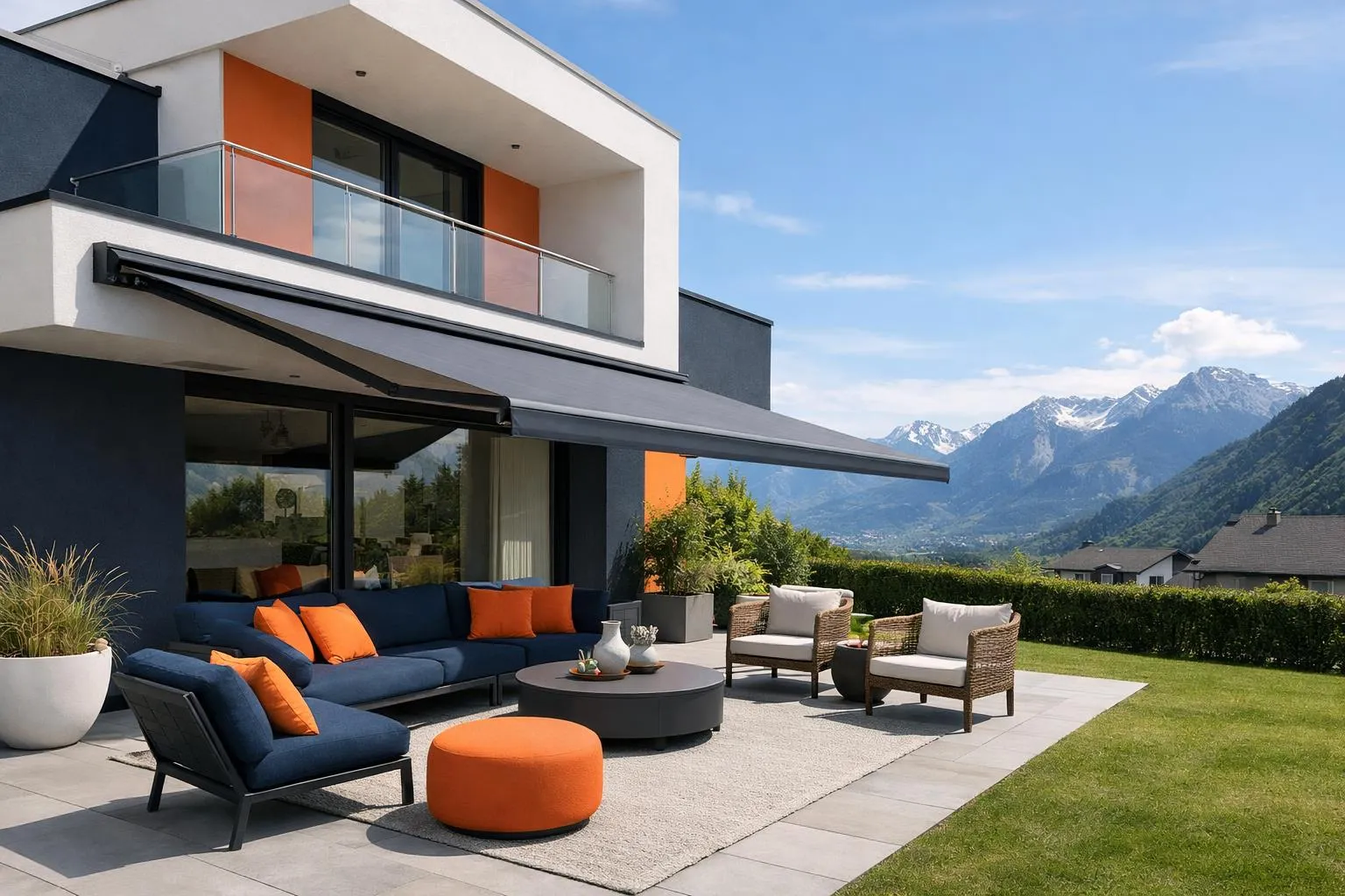 Maison suisse moderne avec élégants stores extérieurs protégeant la terrasse du soleil d'été, espace de détente ombragé avec vue sur les montagnes, cadre résidentiel réaliste offrant un confort thermique.