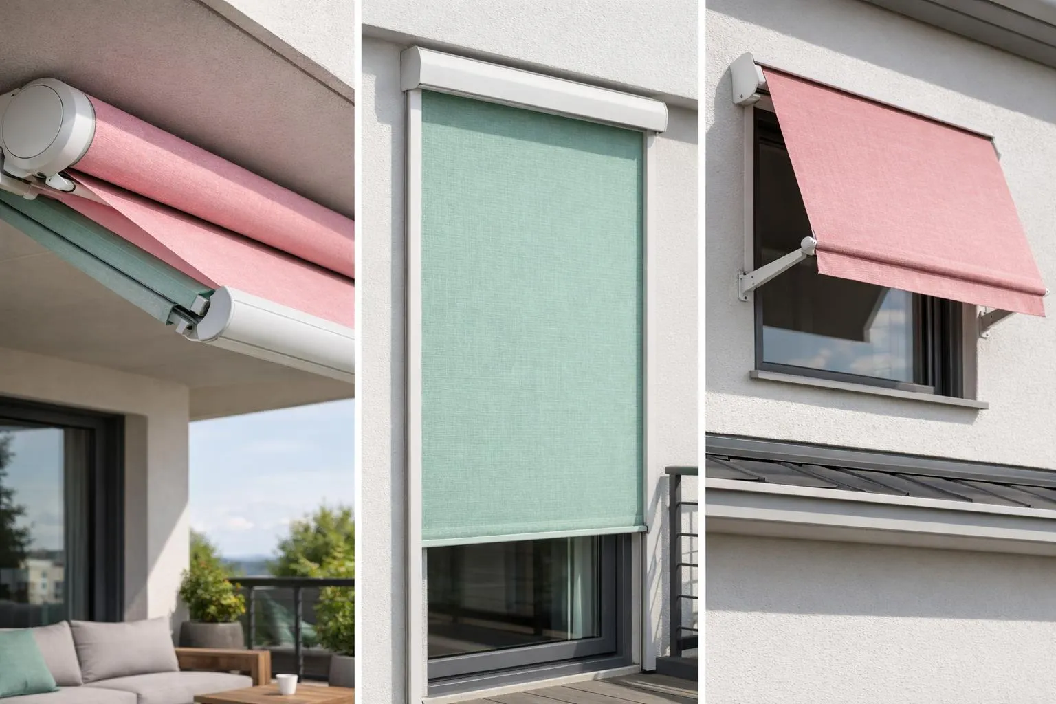 Vue rapprochée de trois types de stores extérieurs installés sur une maison suisse moderne : store à cassette rétractable couvrant la terrasse, store vertical sur la porte du balcon et store de fenêtre en projection à l'étage, avec la lumière du jour naturelle montrant les textures des tissus et les mé