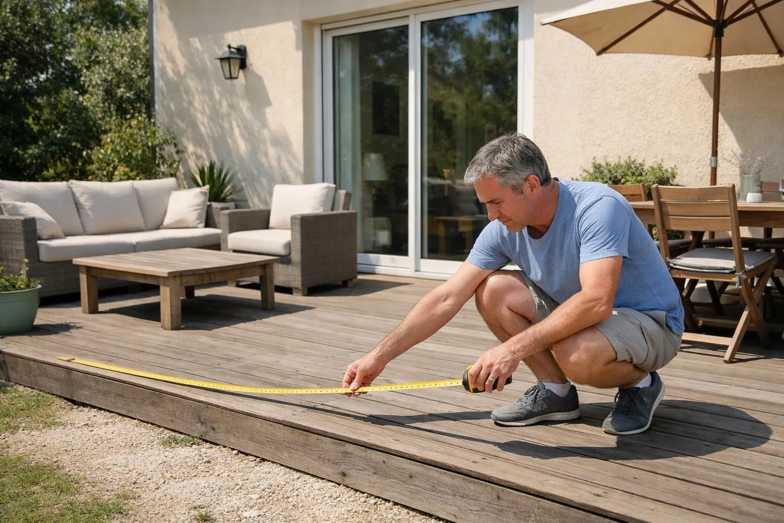 Un homme mesurant les dimensions d'une terrasse en bois dans un jardin.