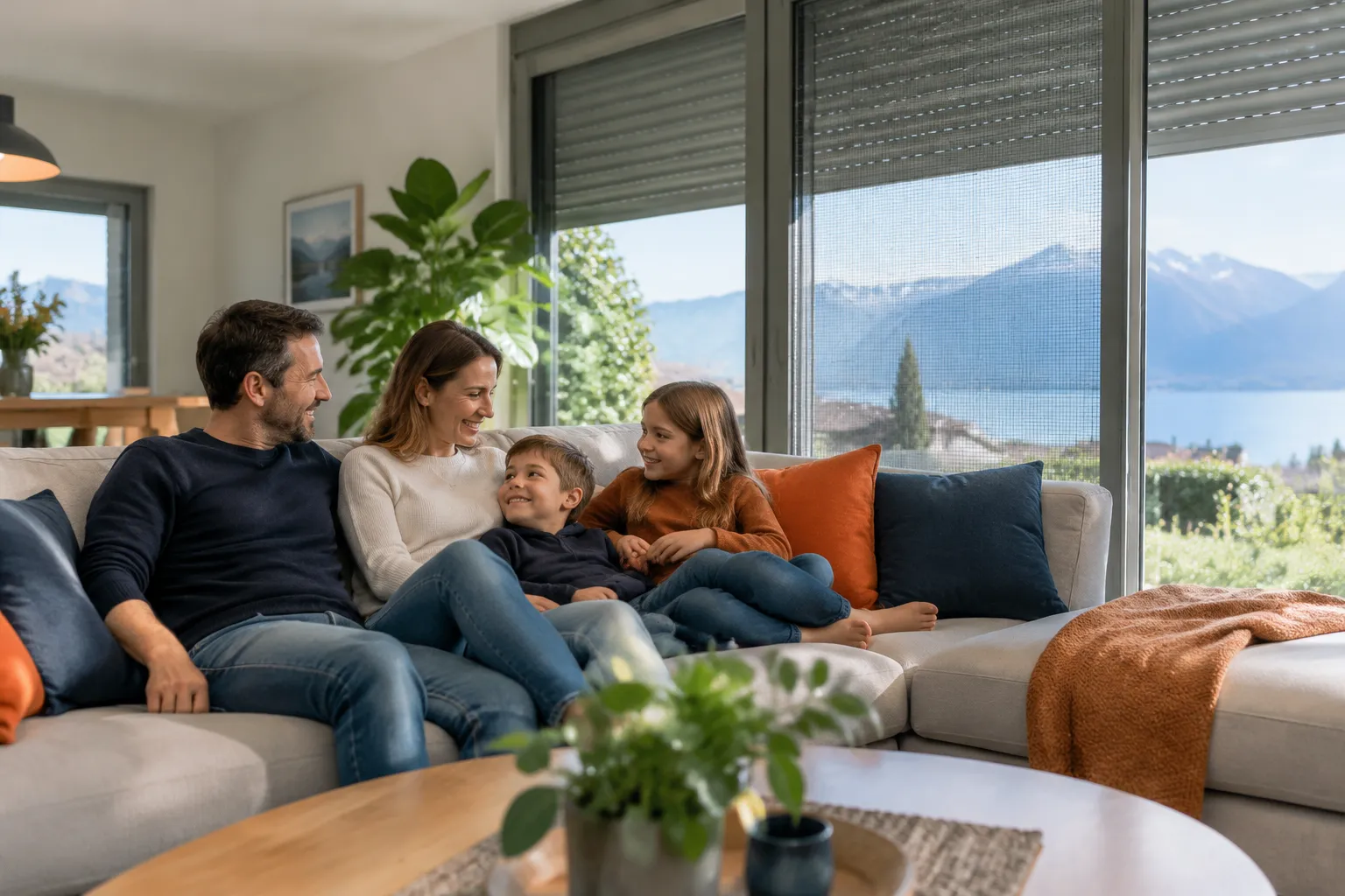 Famille réunie sur canapé, montagnes et lac en arrière-plan.