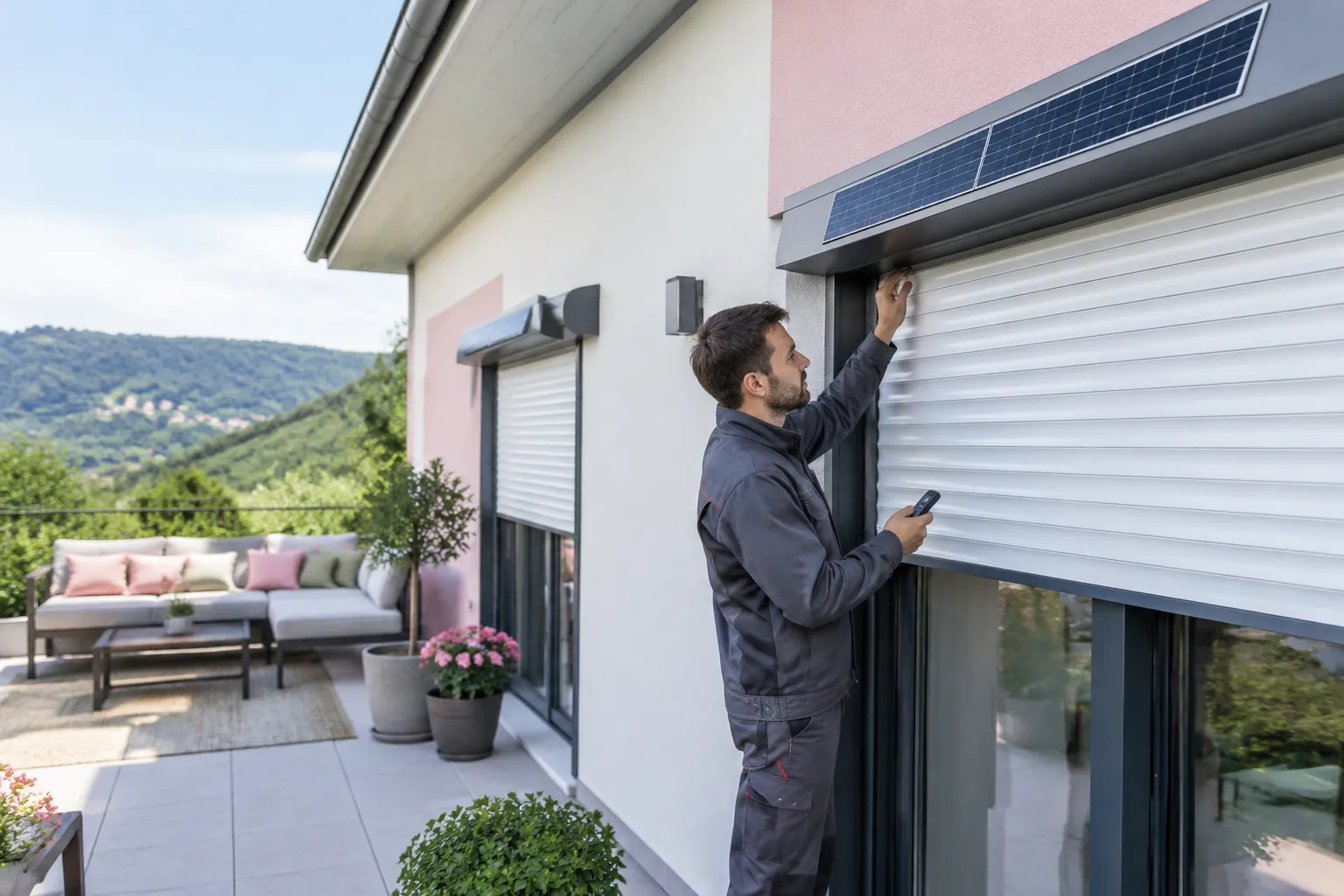 Technicien installe un volet roulant solaire sur maison moderne.