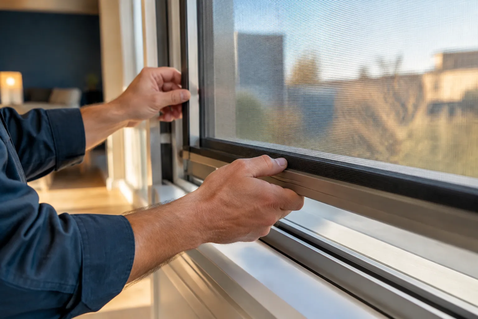 Homme installant une moustiquaire sur une fenêtre.