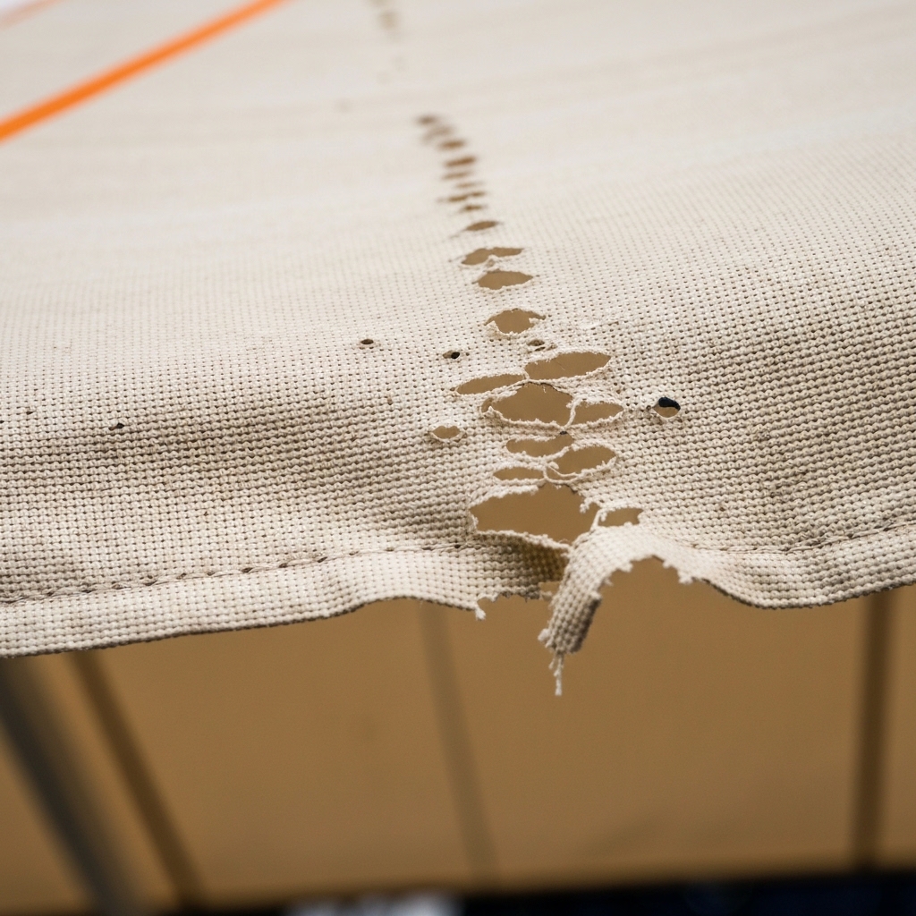 Close-up photograph of outdoor awning fabric with multiple small holes and a tear caused by hailstorm, showing damaged beige textile with visible perforations