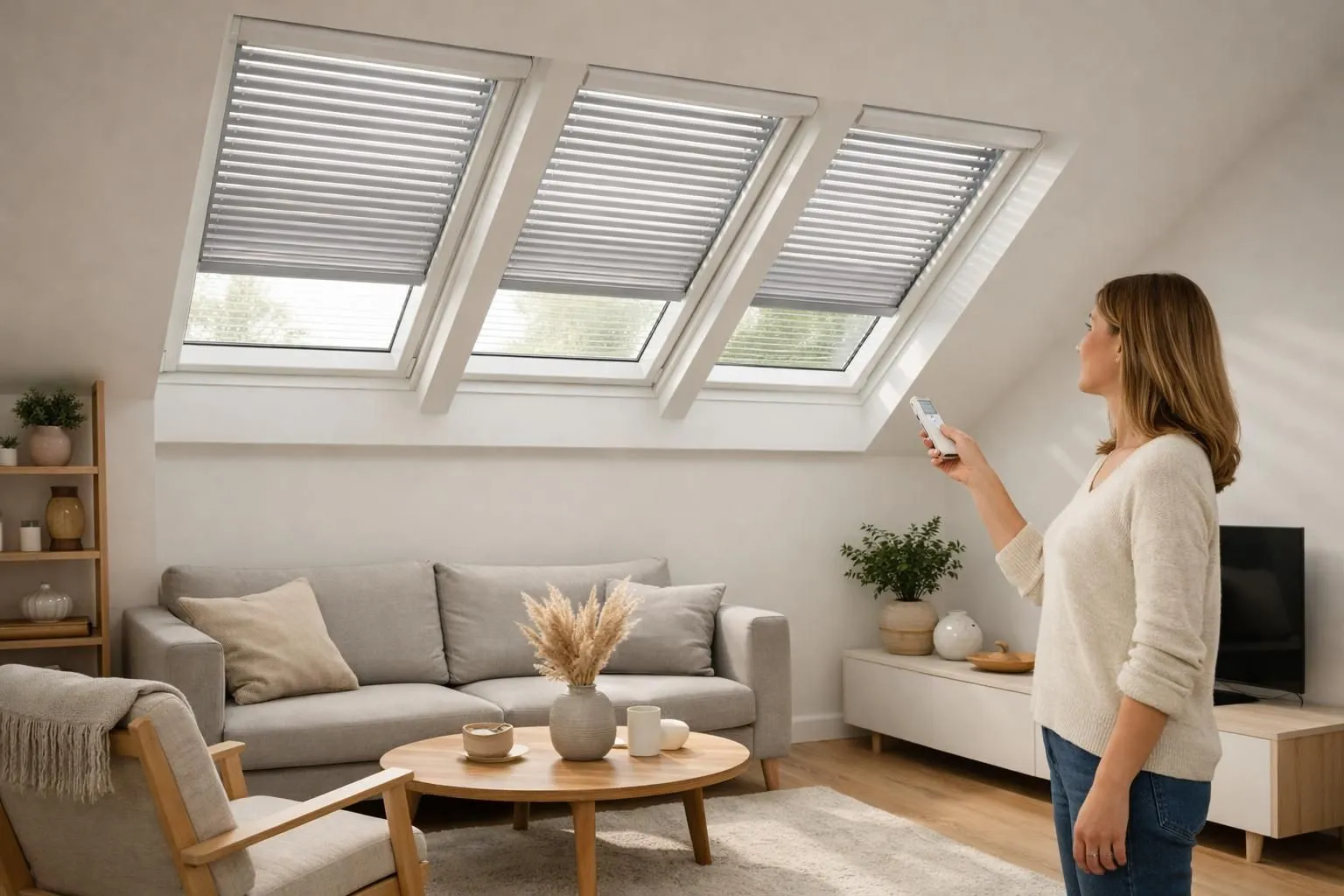 Vue intérieure d'un salon moderne suisse avec verrière de toit Velux équipée de volets motorisés, femme d'âge moyen tenant une télécommande blanche, lumière naturelle filtrant à travers les lames du volet, ambiance chaleureuse et contemporaine, mobilier scandinave sobre, aucun texte ni logo visible