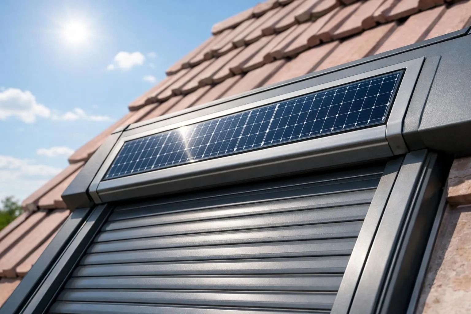 Un puits de lumière Velux avec un panneau solaire fixé à un volet roulant motorisé sur un toit résidentiel suisse, la cellule solaire est visible sur le cadre, éclairage naturel, photographie réaliste montrant une installation autonome en énergie.