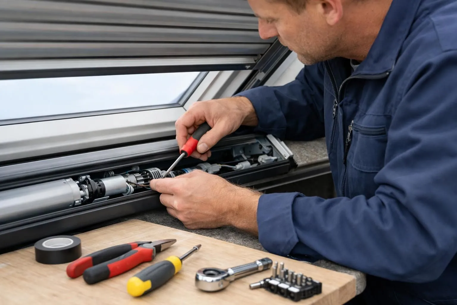 Technicien professionnel en combinaison de travail effectuant la maintenance préventive d'un volet de toit Velux motorisé, avec tournevis et outils spécialisés visibles, dans une pièce lumineuse avec puits de lumière, sans aucun texte ni étiquette dans l'image