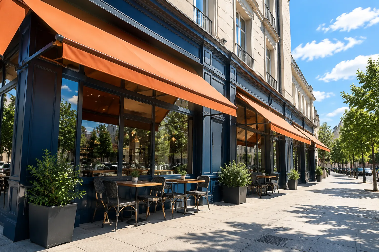 Café parisien bleu, auvents orange et terrasse ensoleillée arborée