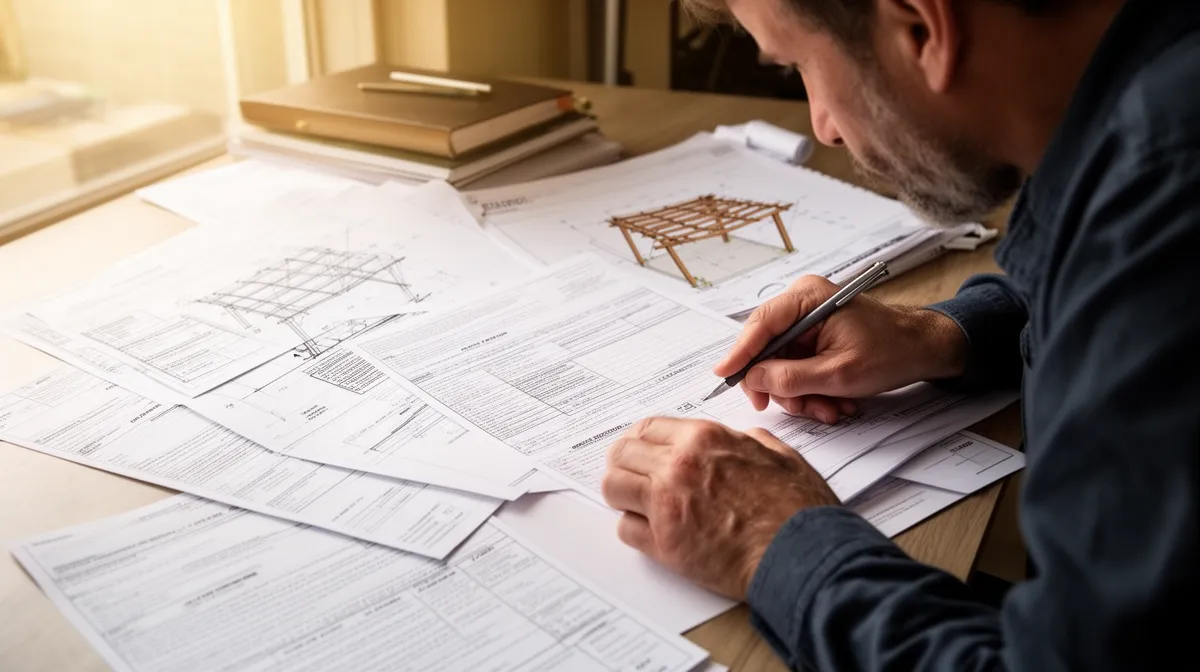 Homme d'affaires examinant des plans et des documents techniques.