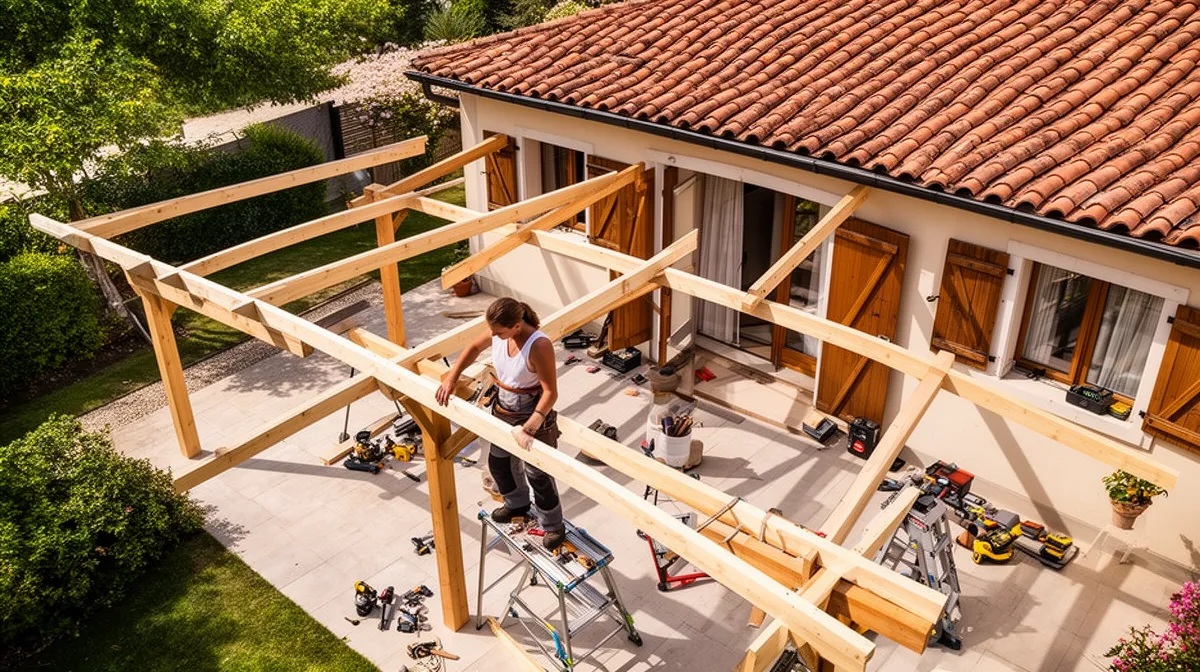 Chantier de construction d'une terrasse en bois avec outils et matériaux.