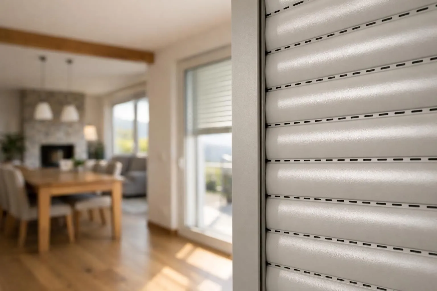 Une maison suisse moderne avec des volets roulants installés, gros plan sur les lames isolées, éclairage chaleureux de l'après-midi, architecture résidentielle de style Suisse romande, accent sur les détails de protection thermique.