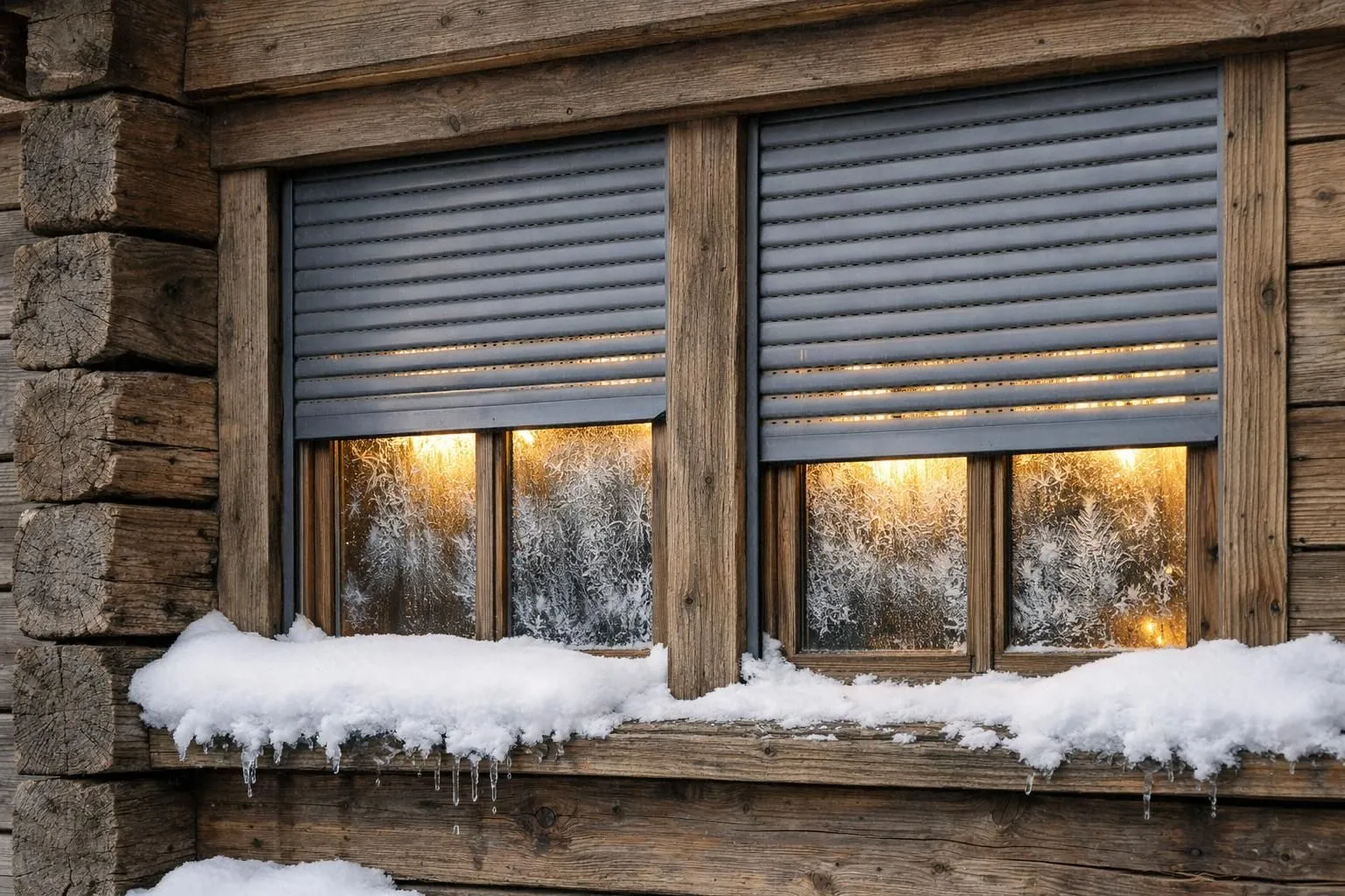 Un chalet suisse avec des stores roulants de qualité partiellement fermés en hiver, de la neige sur les rebords des fenêtres, une lumière dorée chaleureuse émanant de l'intérieur à travers les interstices, des motifs de givre sur le verre, un contraste douillet entre