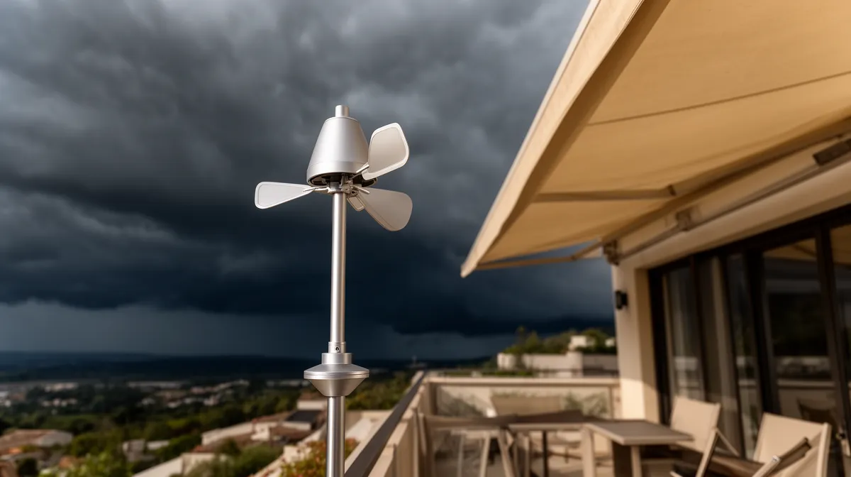 Terrasse avec parasol et ventilateur sous un ciel orageux.