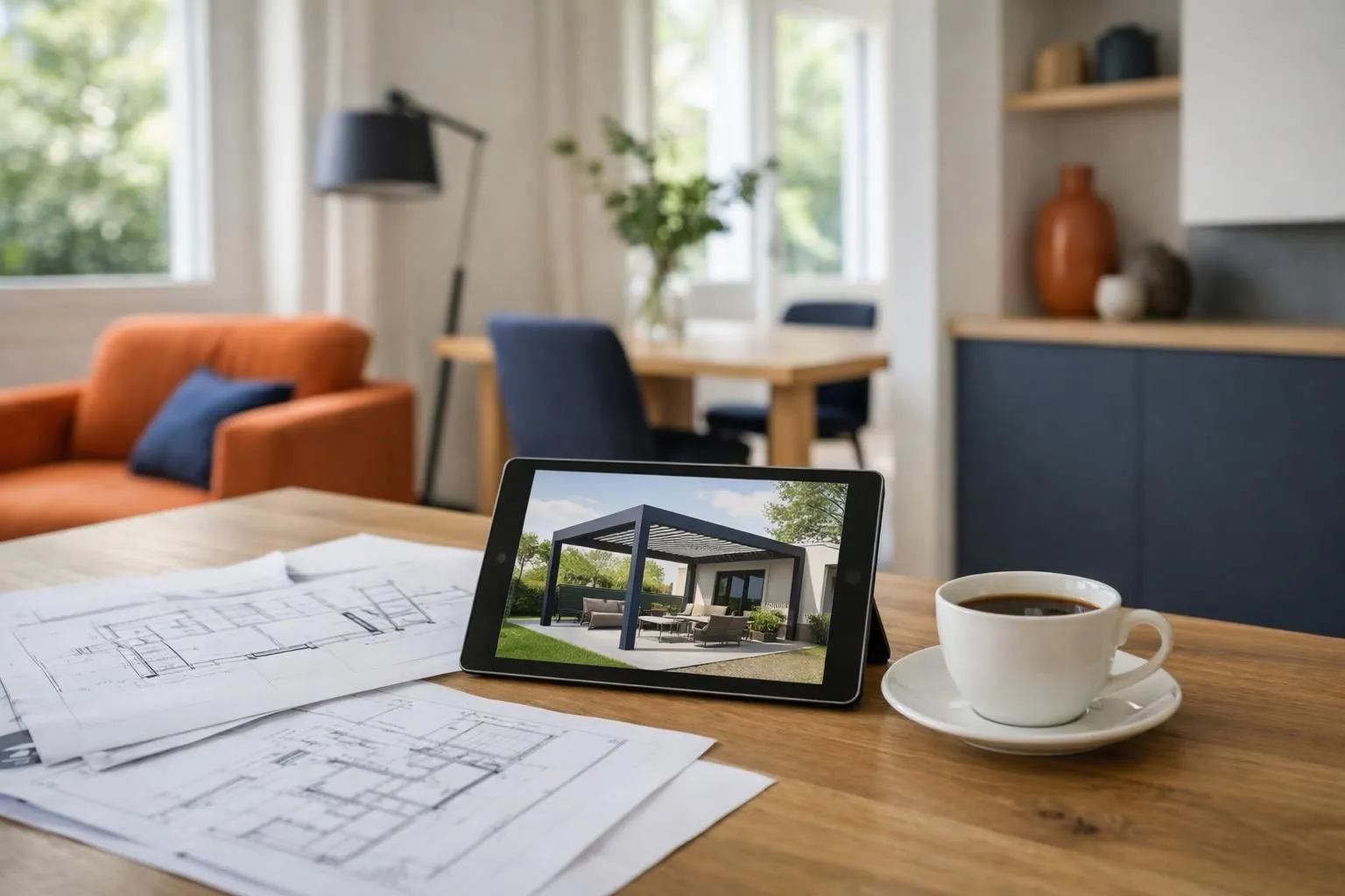 Professional Swiss homeowner in their 40s reviewing detailed architectural plans and tablet showing pergola design on wooden table with coffee cup, natural daylight coming through windows, modern Swiss home interior visible in background