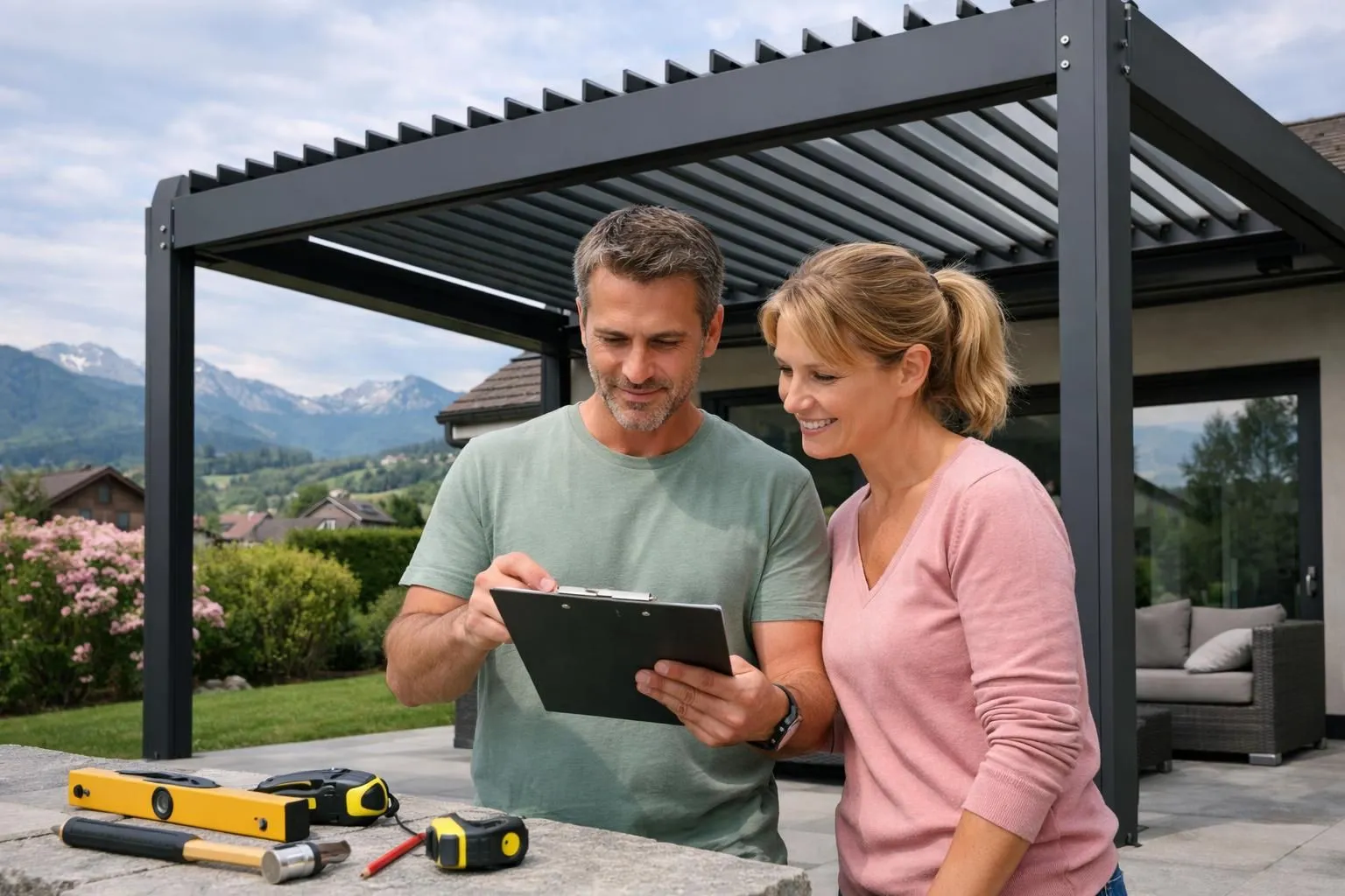 High-angle view of homeowners consulting a checklist while standing next to a modern aluminum bioclimatic pergola during installation phase, showing the structure's adjustable louvers and mounting brackets in a Swiss residential garden setting with measurement tools visible