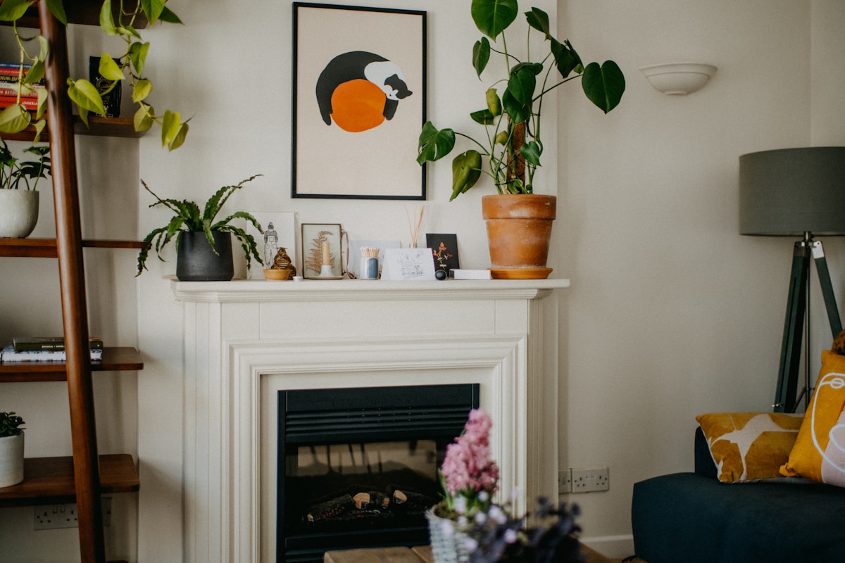 Intérieur cosy avec décorations végétales et artistiques.
