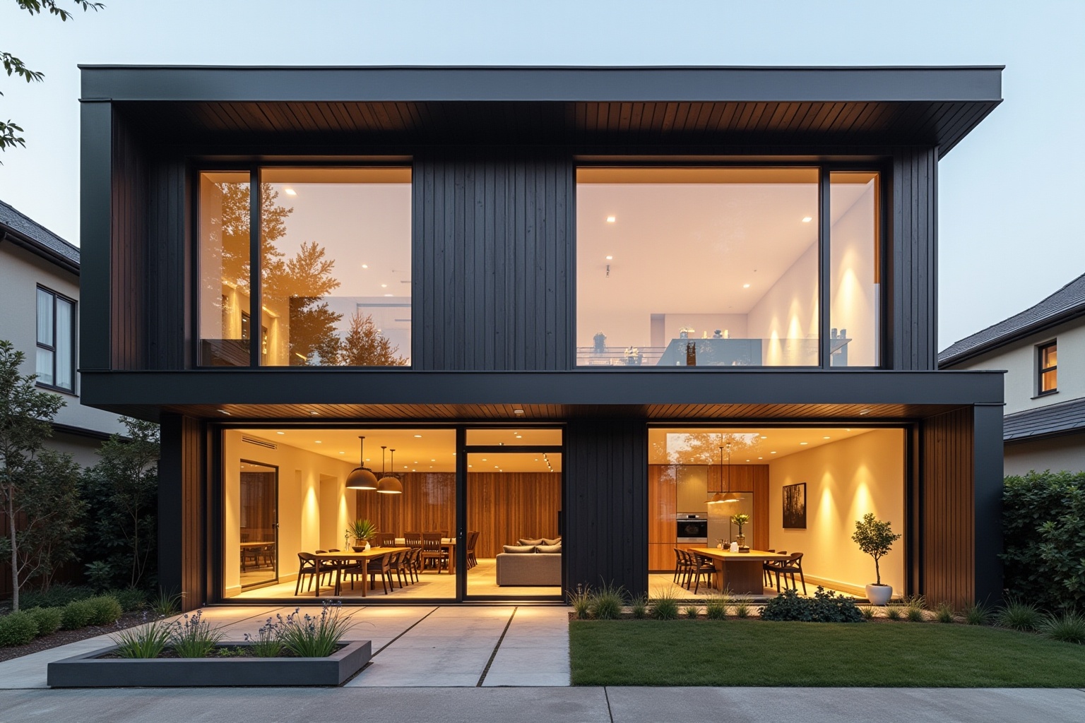 Maison moderne en bois et verre avec éclairage intérieur chaleureux.