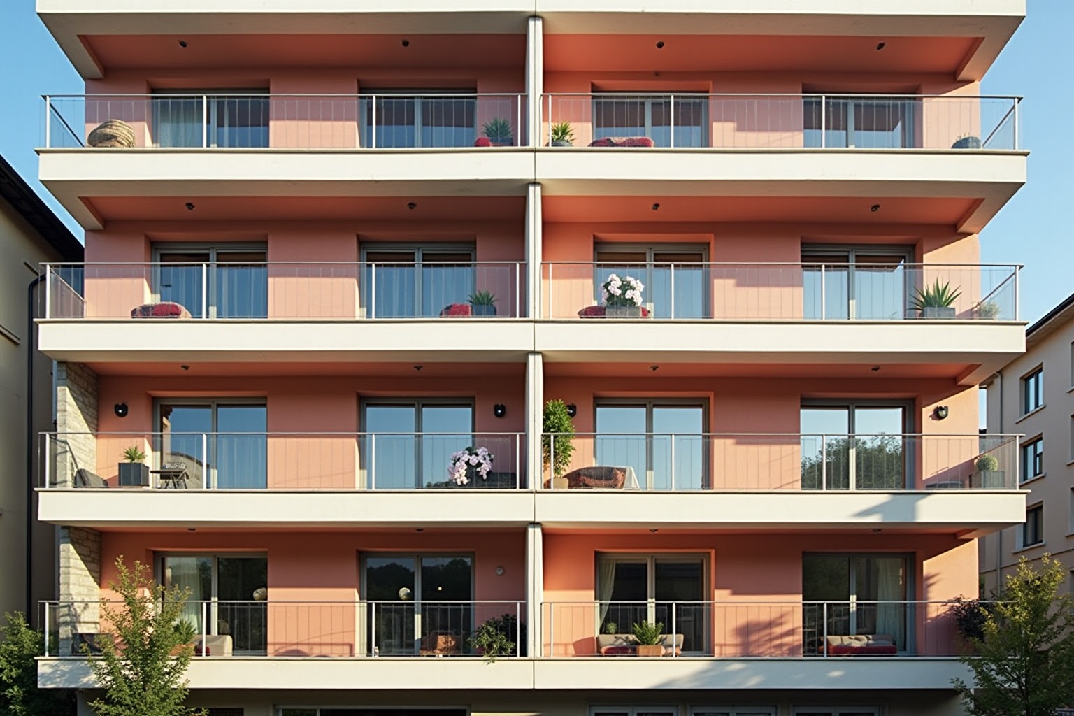 Immeuble résidentiel moderne à plusieurs étages avec balcons et plantes.
