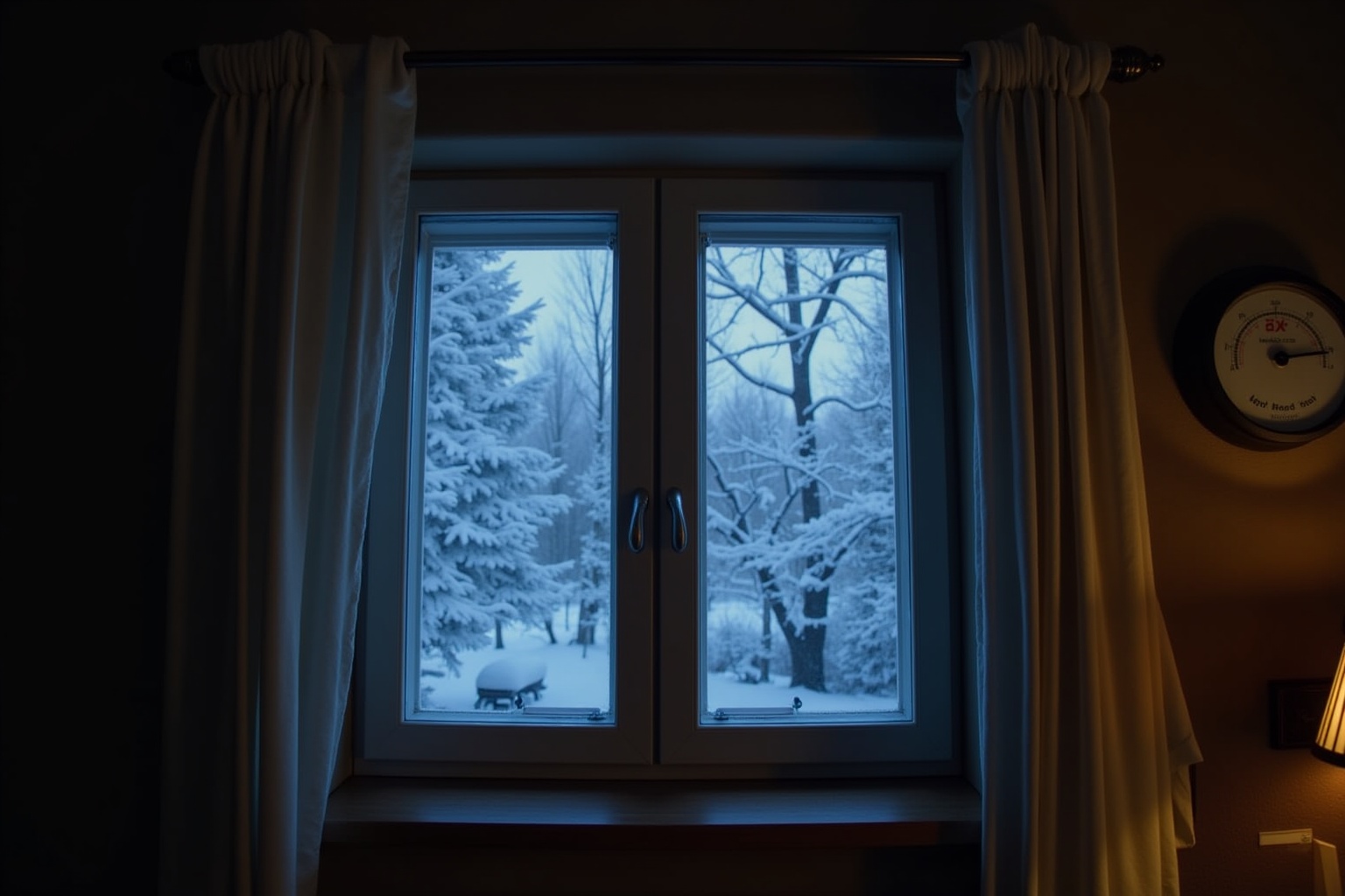 Fenêtre donnant sur un paysage enneigé, avec des arbres et un animal visible.