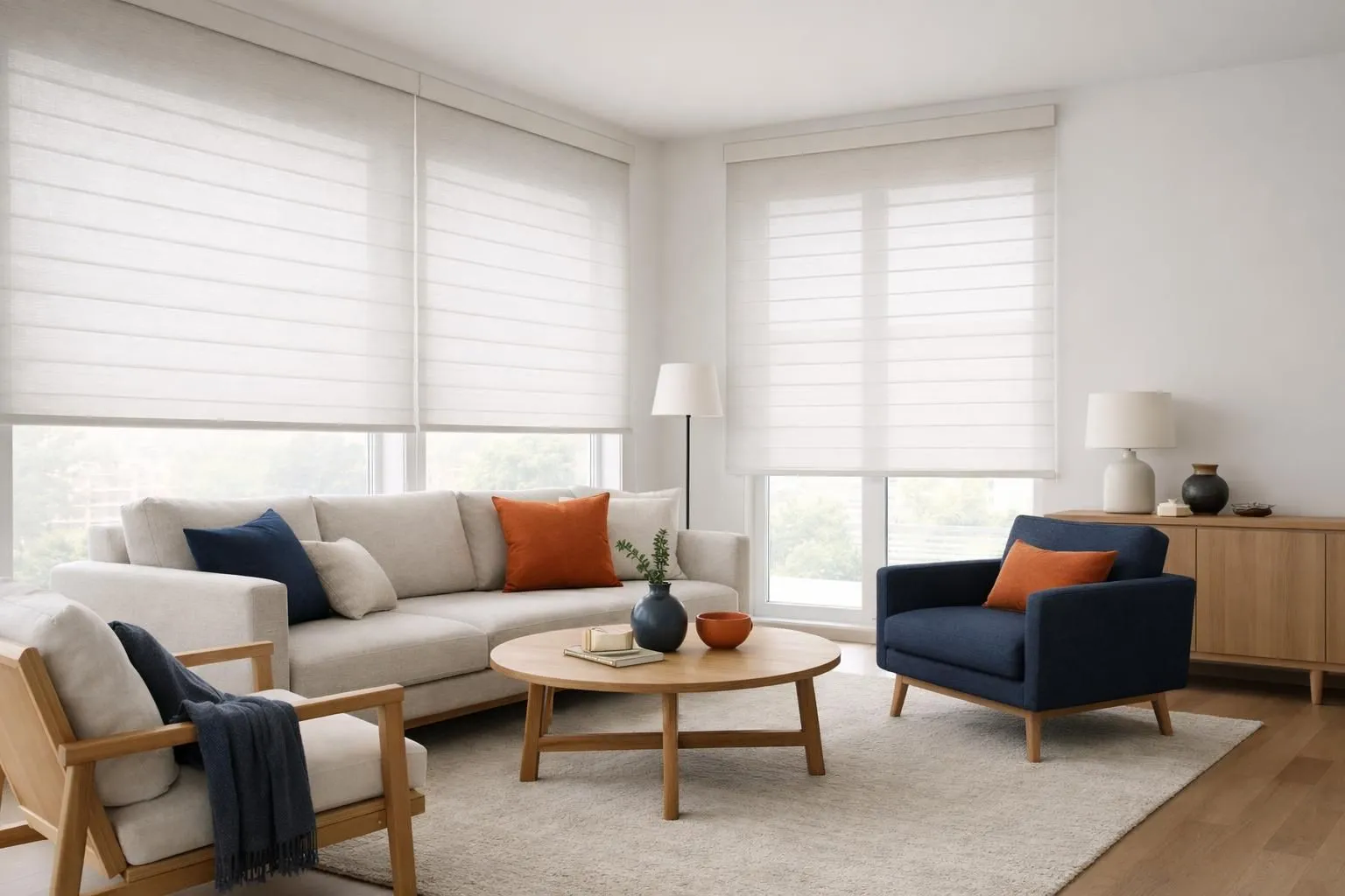 Intérieur de salon suisse moderne avec stores motorisés, lumière naturelle douce filtrant à travers les stores électriques, mobilier scandinave minimaliste, esthétique contemporaine épurée, palette de couleurs neutres, sans texte ni étiquette visible.