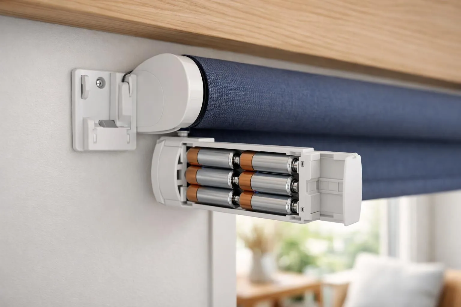 Intérieur moderne avec store enrouleur électrique motorisé en cours d'installation, gros plan sur le support mural et le compartiment de la batterie, décor scandinave épuré avec lumière naturelle, scène réaliste de rénovation.