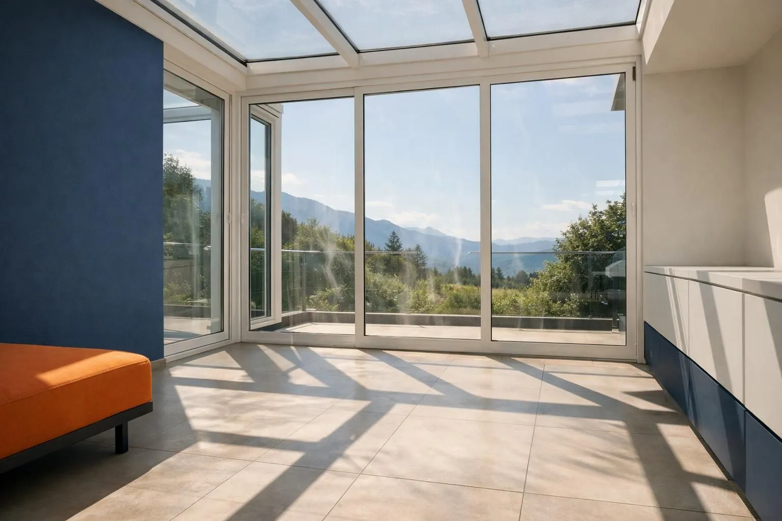 Une véranda en verre moderne dans une maison suisse par une journée d'été chaude, la lumière intense traversant le toit transparent créant des ombres dures et des ondes de chaleur visibles, un espace vide et inconfortable avec des fenêtres fermées, style de photographie résidentielle réaliste sans