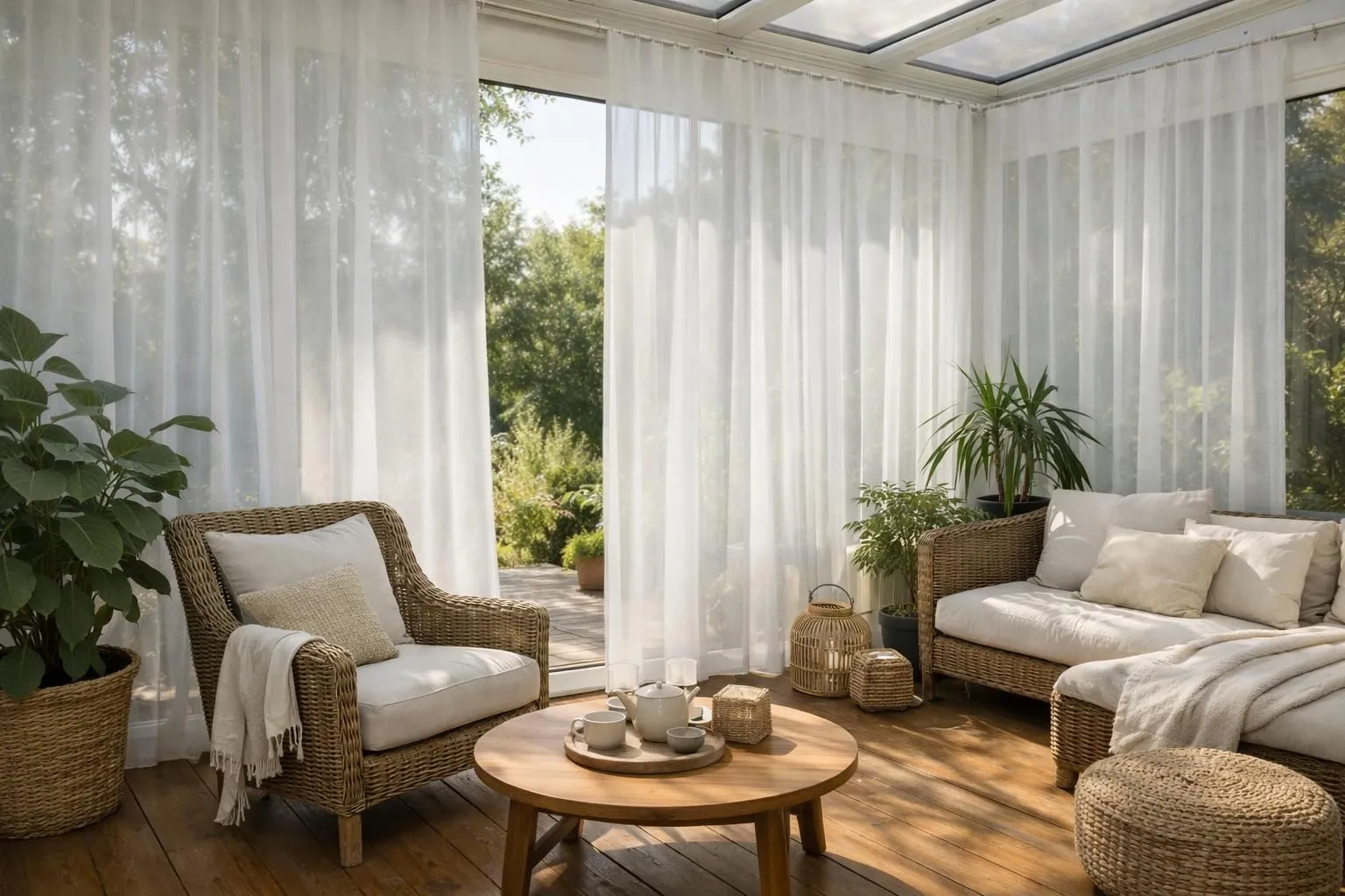 Un intérieur de véranda ensoleillé avec des stores blancs plissés, un espace de détente confortable et un sol en bois chaud.
