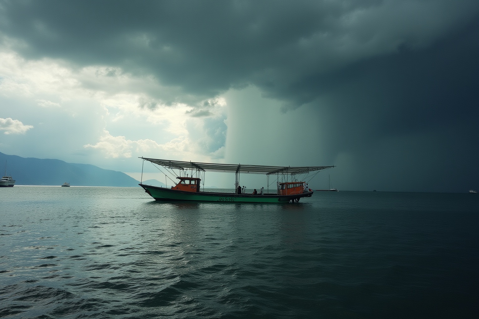 Bateau de pêche traditionnel sur une mer orageuse avec des nuages menaçants.