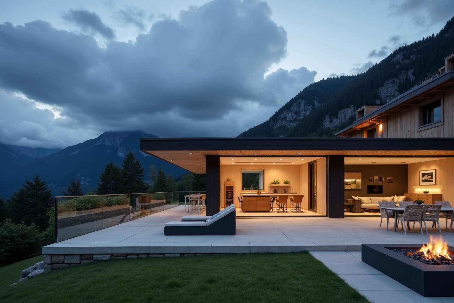 Maison moderne avec terrasse et vue sur les montagnes enneigées.