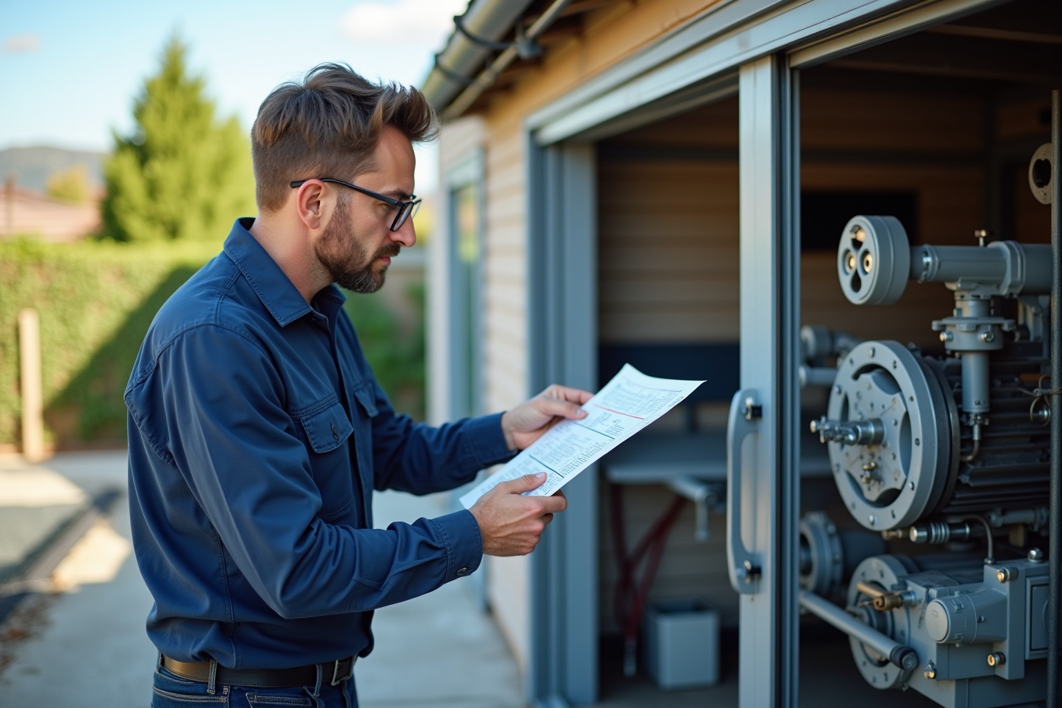 Un homme en unifeu bleu examine attentivement un document près d'un équipement industriel.