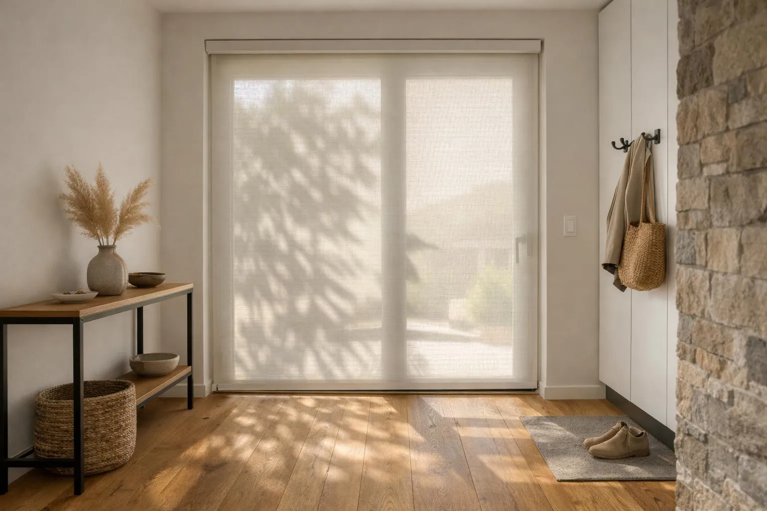 Intérieur lumineux avec murs en pierre, sol en bois et décoration naturelle.