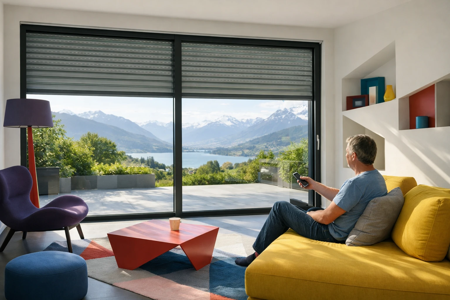 Modern Swiss home with automated roller shutters opening smoothly, homeowner relaxing on couch using remote control, bright morning sunlight streaming through large windows, comfortable contemporary interior