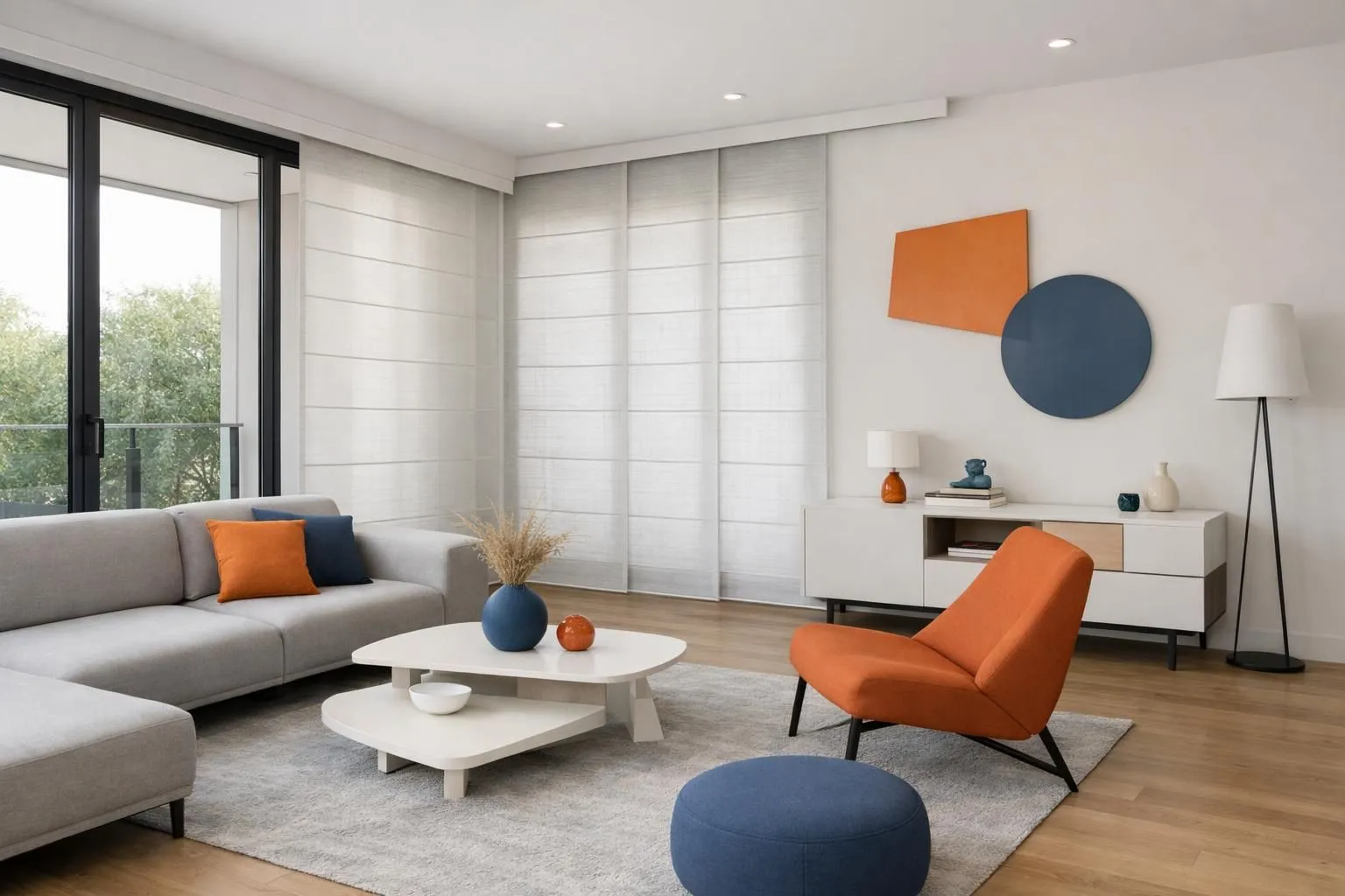 Un salon suisse moderne avec une grande porte-fenêtre coulissante en verre, des stores horizontaux en tissu glissant le long d'un rail fixé au mur, une lumière naturelle douce filtrant à travers un matériau translucide, un mobilier minimaliste aux lignes épurées, une décoration