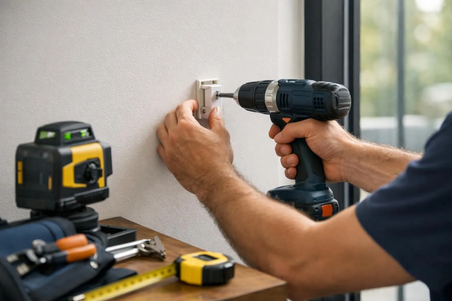 Un installateur professionnel utilise un niveau laser et une perceuse pour monter un mécanisme de store intérieur latéral sur un mur près d'une grande porte vitrée, avec un mètre et des outils visibles, dans un intérieur suisse moderne avec un éclairage naturel.