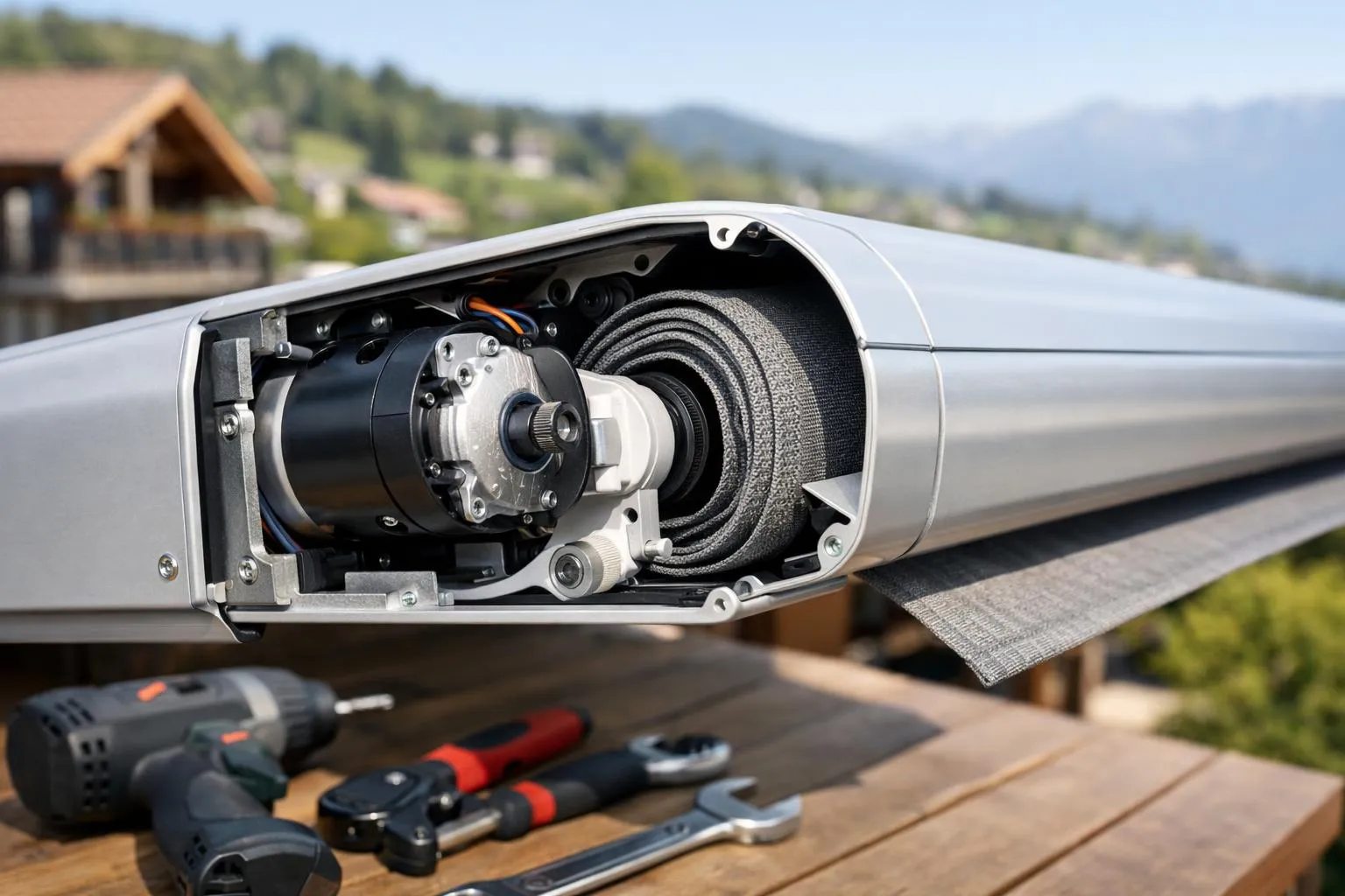 Gros plan sur un moteur électrique de volet roulant avec des outils à proximité.