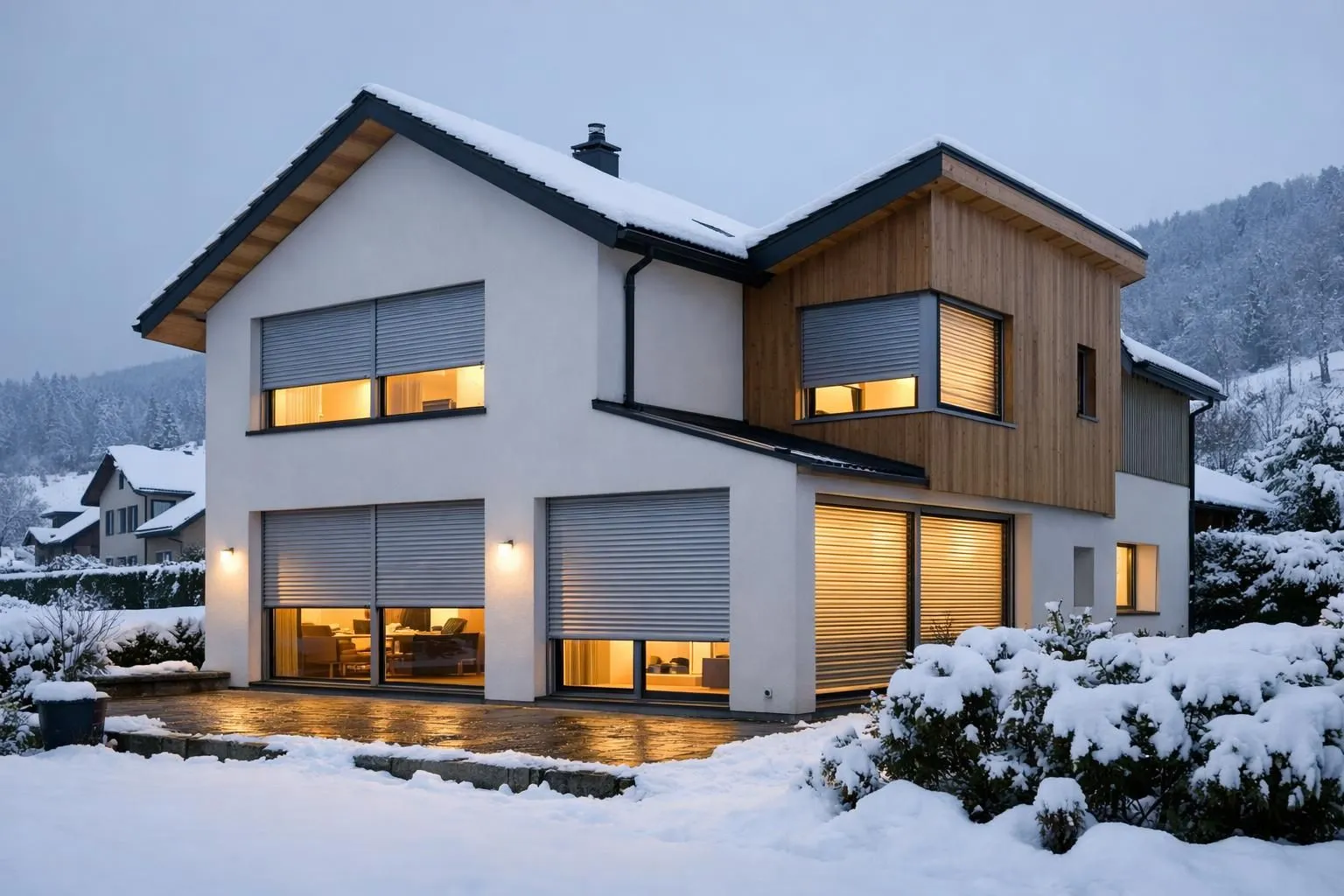 Une maison de la Romandie suisse avec des volets roulants modernes et isolés installés sur de grandes fenêtres, montrant l'efficacité thermique en hiver avec de la neige, l'éclairage intérieur chaleureux visible à travers les panneaux de verre, architecture typique de la région
