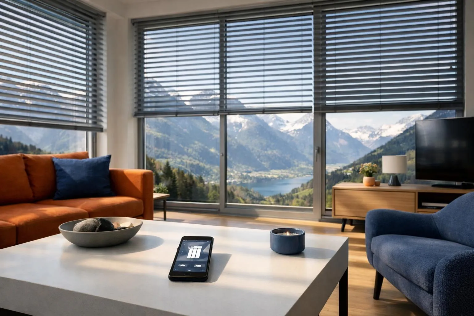 Salon confortable avec vue panoramique sur les montagnes et le lac.