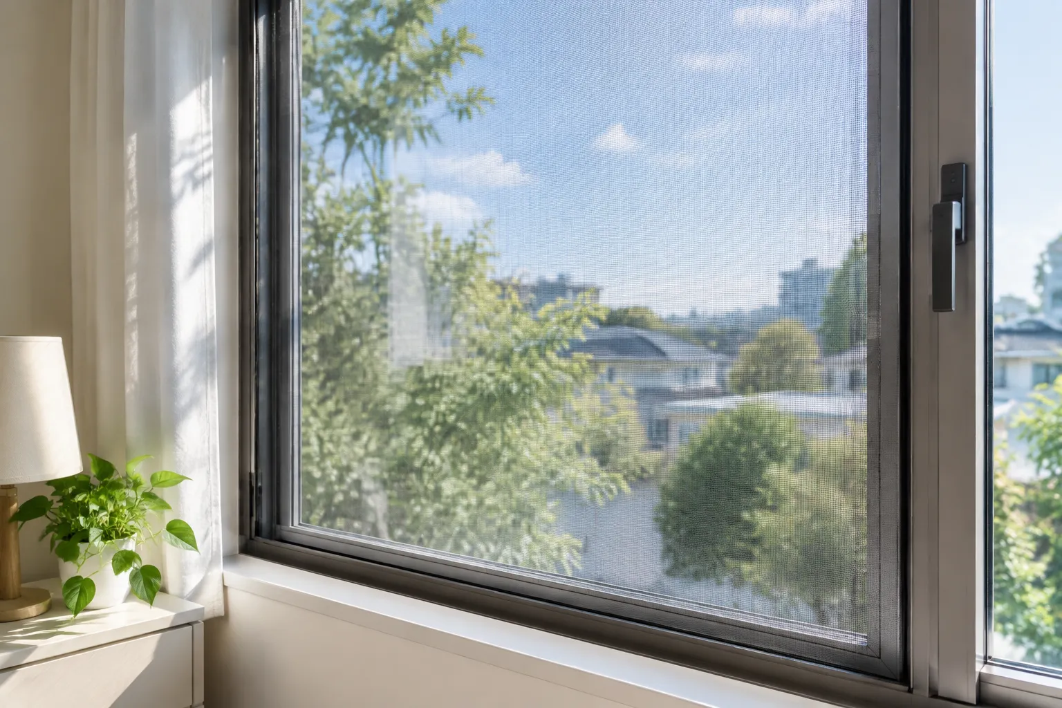 Fenêtre avec moustiquaire transparente, protection anti-insectes, éclairée par la lumière naturelle.