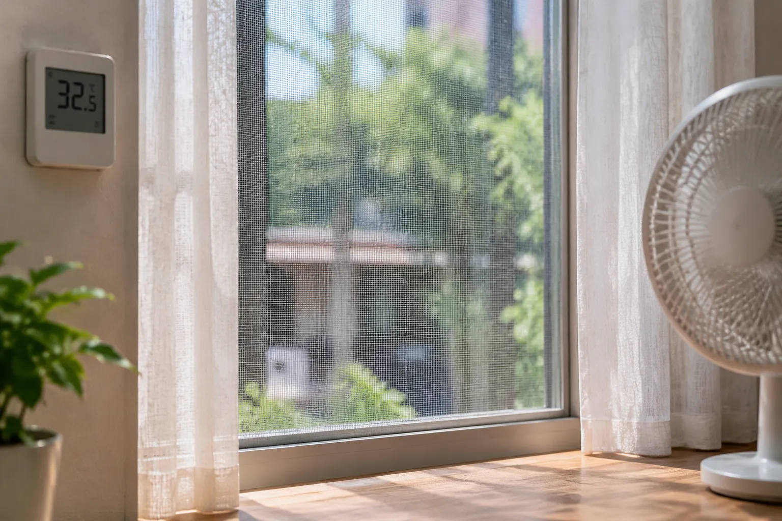 Fenêtre de magasin avec moustiquaire, thermostat, et ventilateur, montrant les étapes de gestion de la canicule.