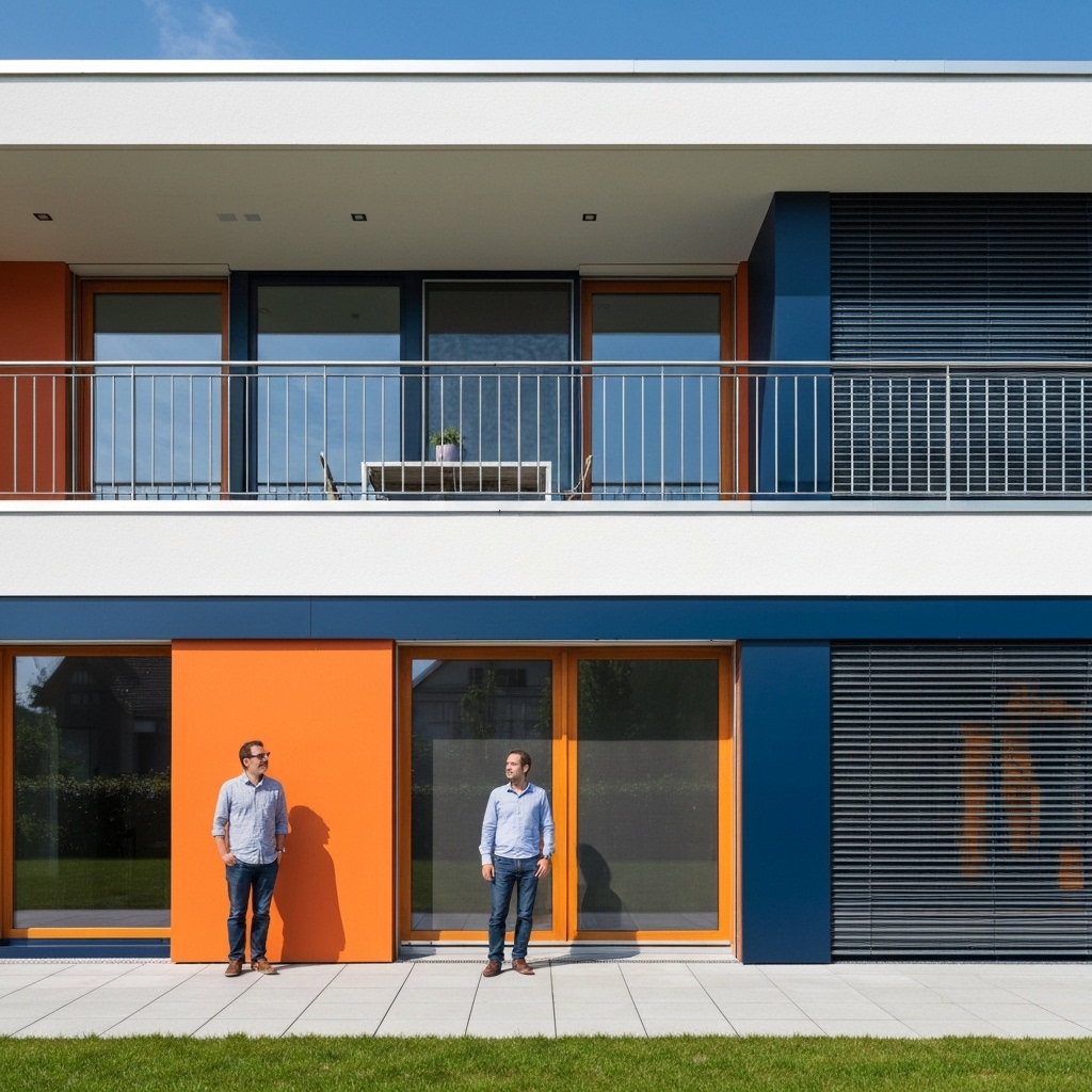Une façade ensoleillée d'une maison moderne dans la campagne vaudoise, où un couple contemple sa terrasse et ses fenêtres, l'air pensif mais serein.
