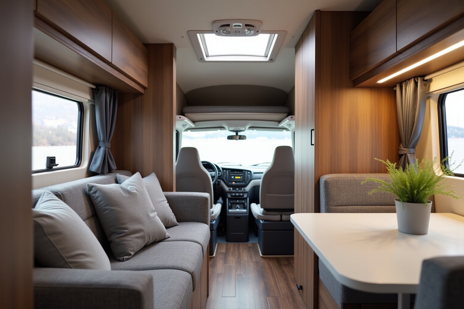 Intérieur spacieux et confortable d'un camping-car avec sièges, table et fenêtres.