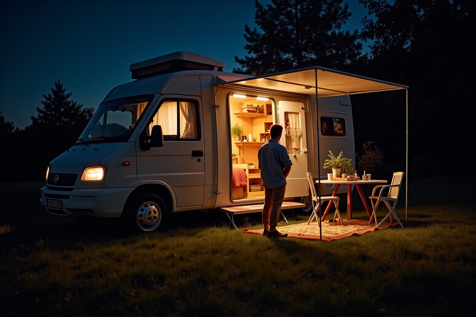 Camping-car confortable dans un paysage nocturne forestier.