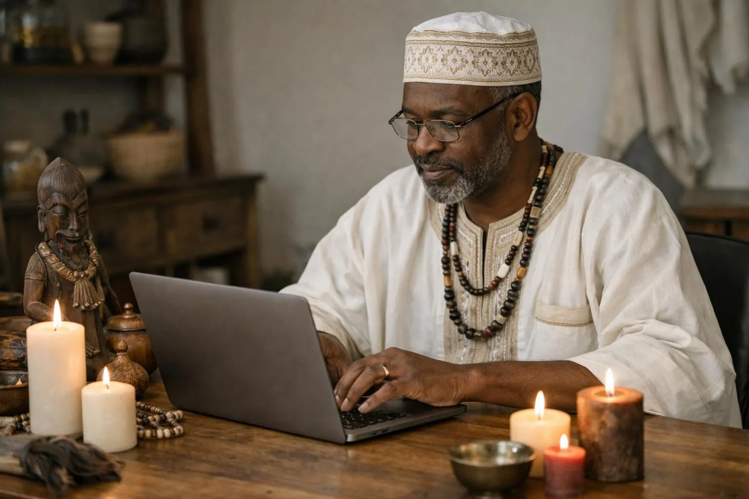 Homme musulman âgé travaillant sur un ordinateur portable dans un environnement spirituel.