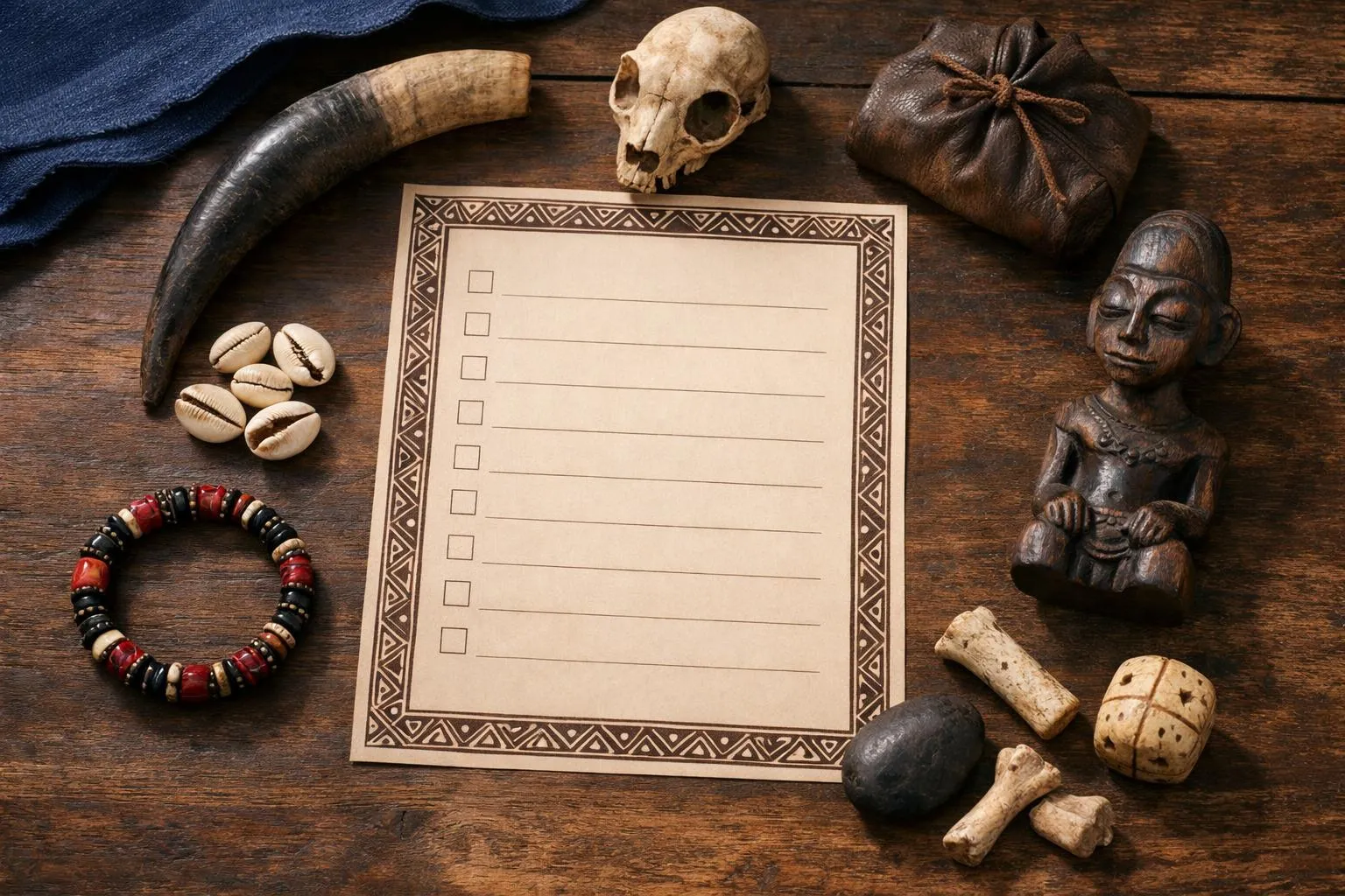 Crâne, objets ethniques, liste à cocher, coquillages, pierres, fond en bois.