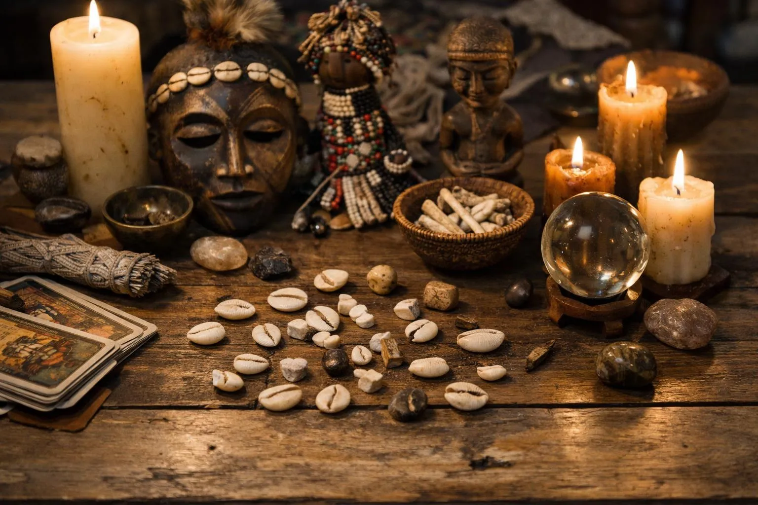 Objets mystiques, bougies, pierres, figurines et cartes de tarot sur une table en bois.