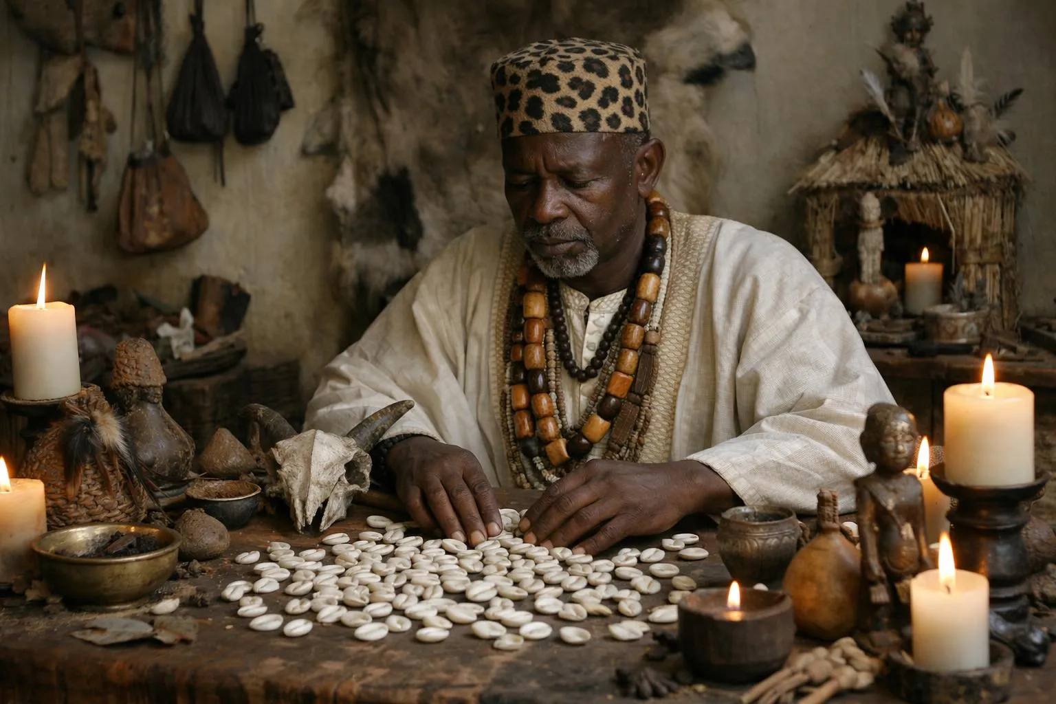Homme africain âgé, vêtu de robes traditionnelles, assis devant des objets rituels.