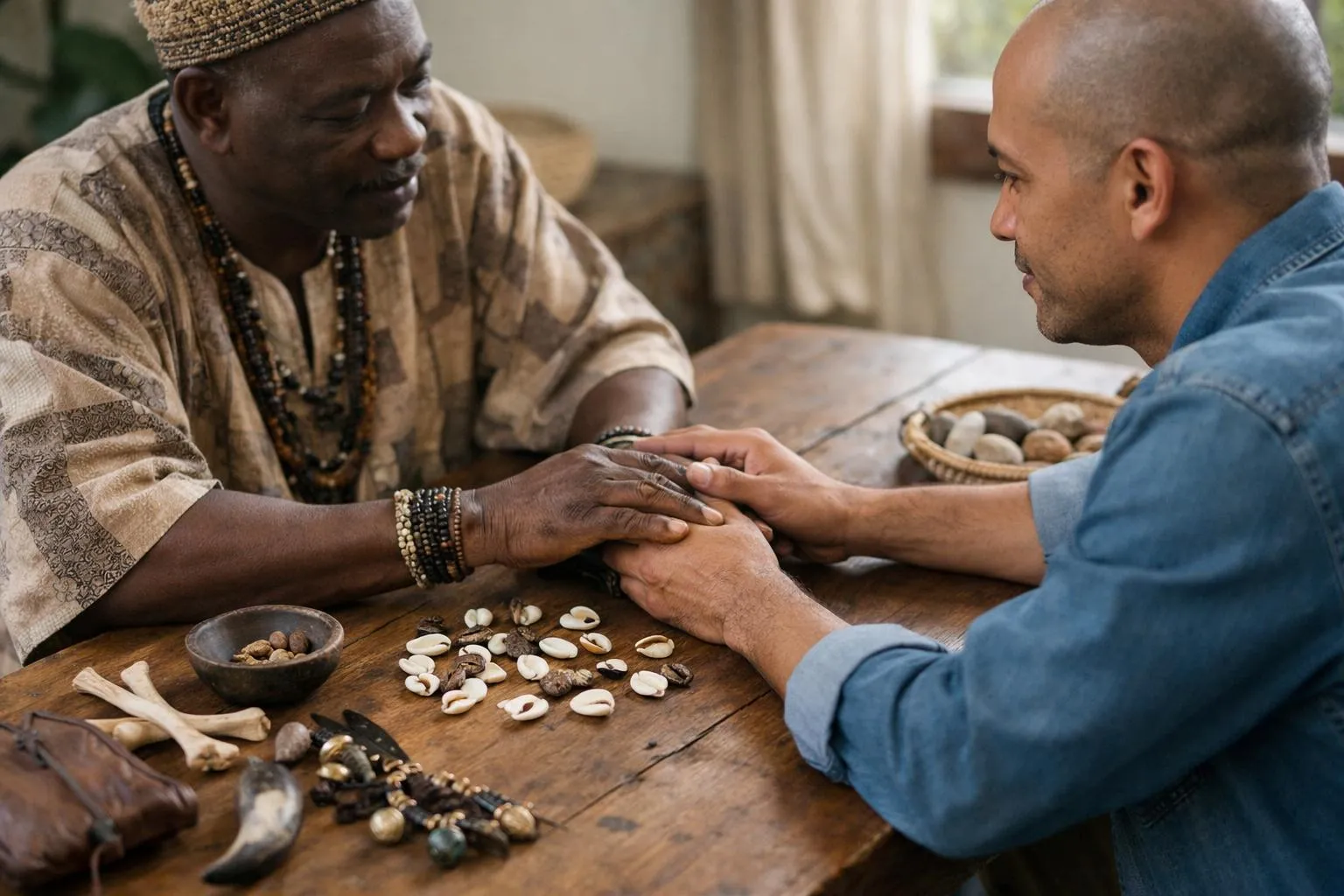 Deux hommes africains en discussion autour d'une table de bois remplie de noix et de perles.