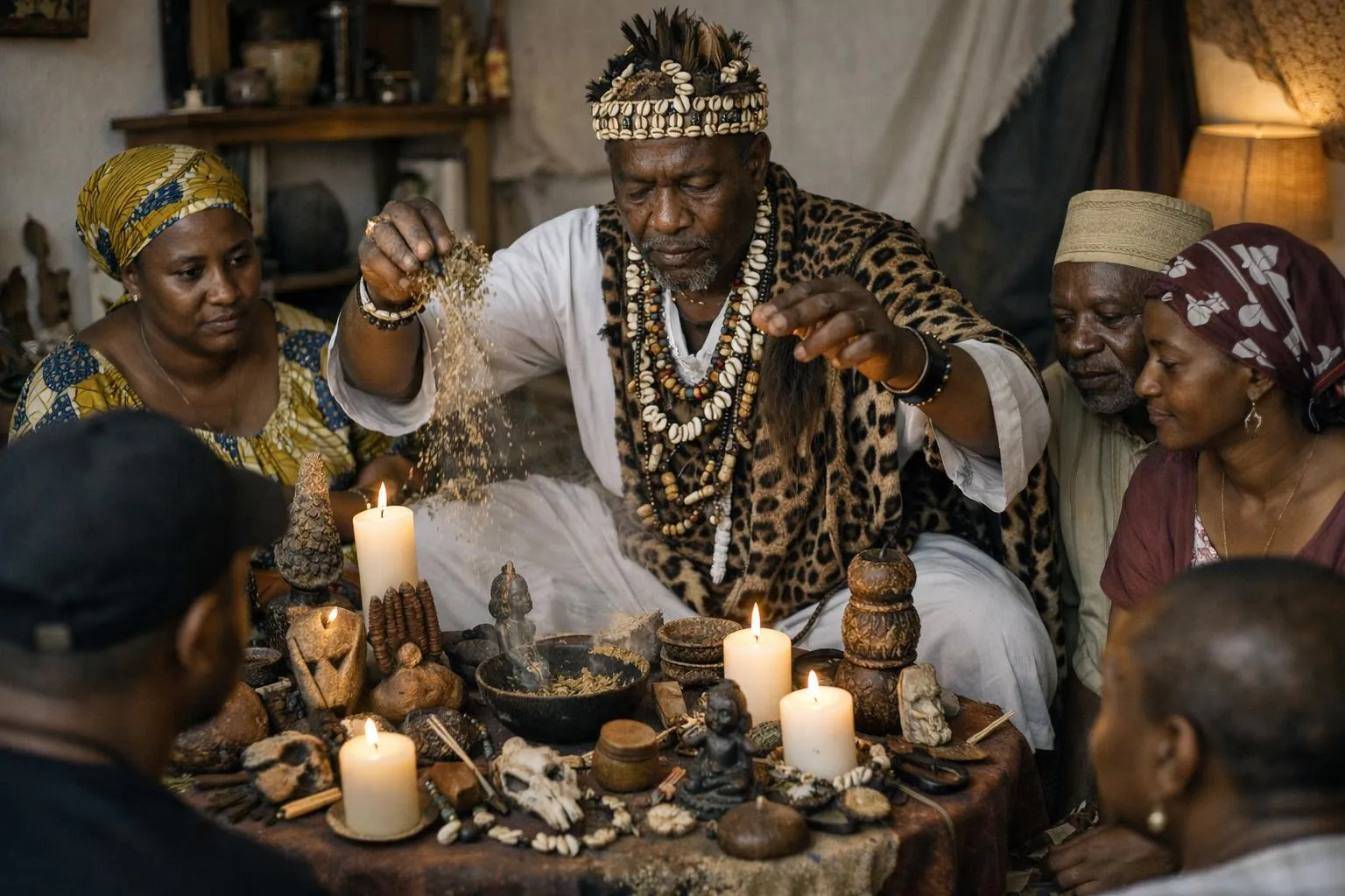 Rituel spirituel africain avec objets sacrés et personnes en tenue traditionnelle.